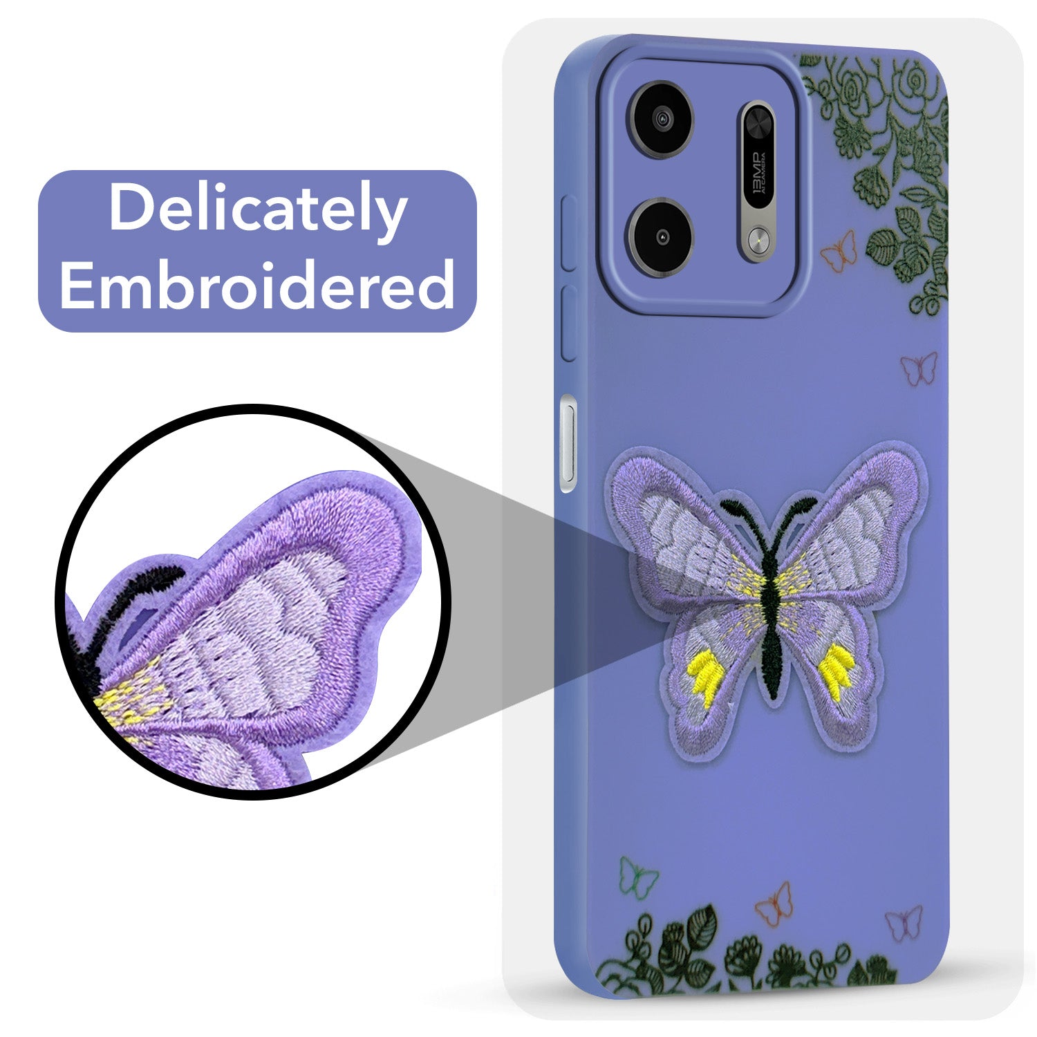 For Lava Virat V1 5G Back Cover Case (Soft Butterfly Embroidery | Women Teen Girls | Camera Protection| Matte Silicone)