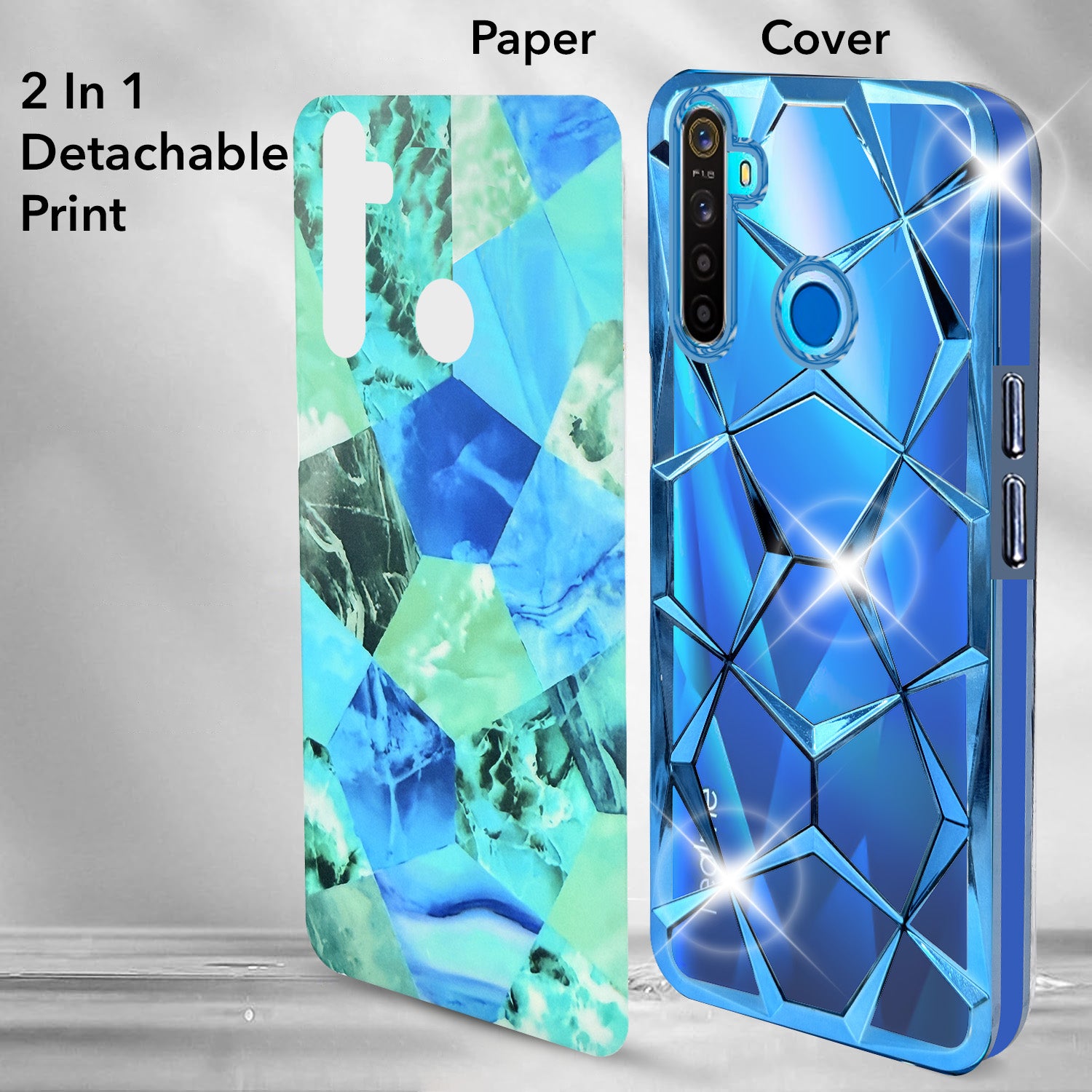 For Realme 5 | 5s | 5i Back Cover Case (Dual Design Glitter Sparkle and Detachable Diamond Print Case | Soft and Flexible)