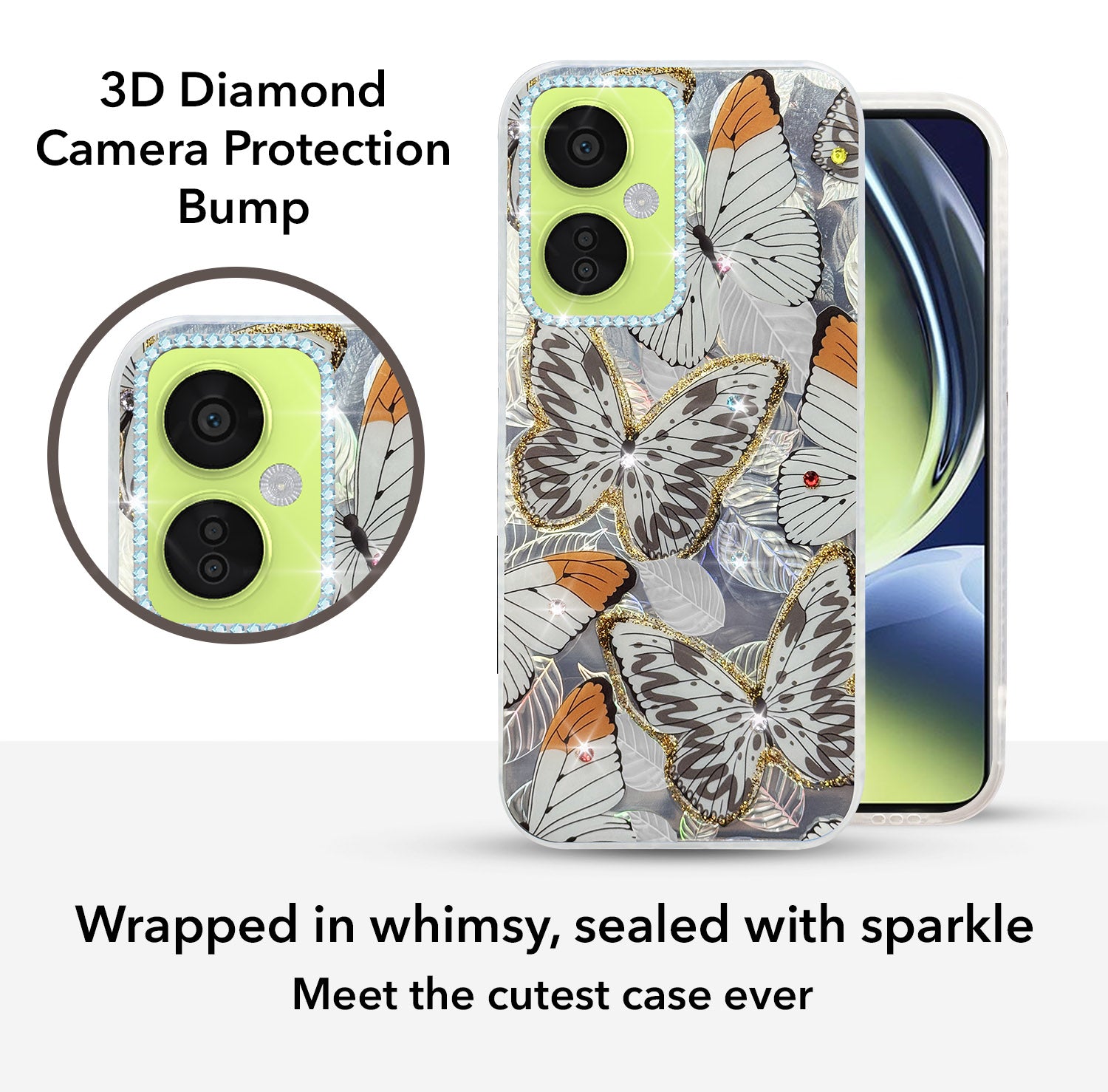 For OnePlus Nord CE 3 Lite Back Cover Case (Luxury Floral Glitter Cute Butterfly | Diamond Studded Camera Bump | Girls & Women Design)
