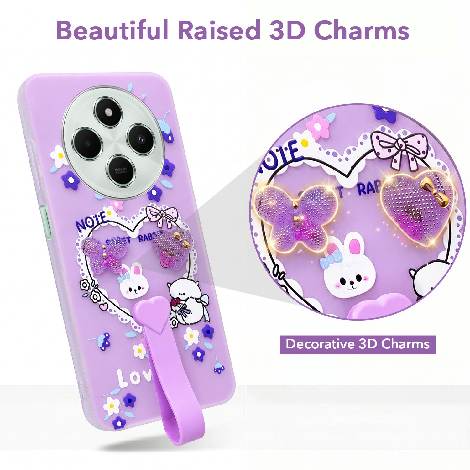 For Poco C75 | Poco M7 Back Cover Case (3D Cute Heart Strap Holder | Camera Protection | Designer Girls Print)