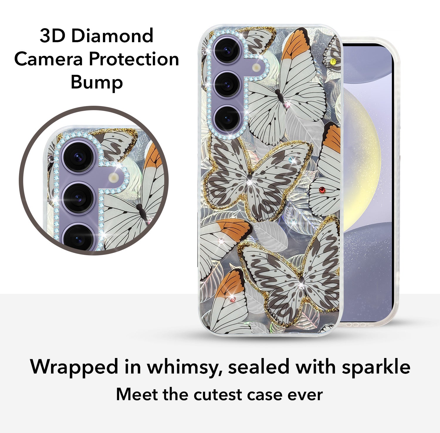 For Samsung Galaxy S24 Back Cover Case (Luxury Floral Glitter Cute Butterfly | Diamond Studded Camera Bump | Girls & Women Design)