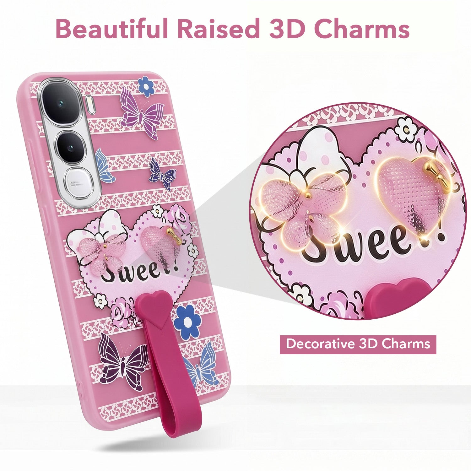 For Vivo Y400 Back Cover Case (3D Cute Heart Strap Holder | Camera Protection | Designer Girls Print)