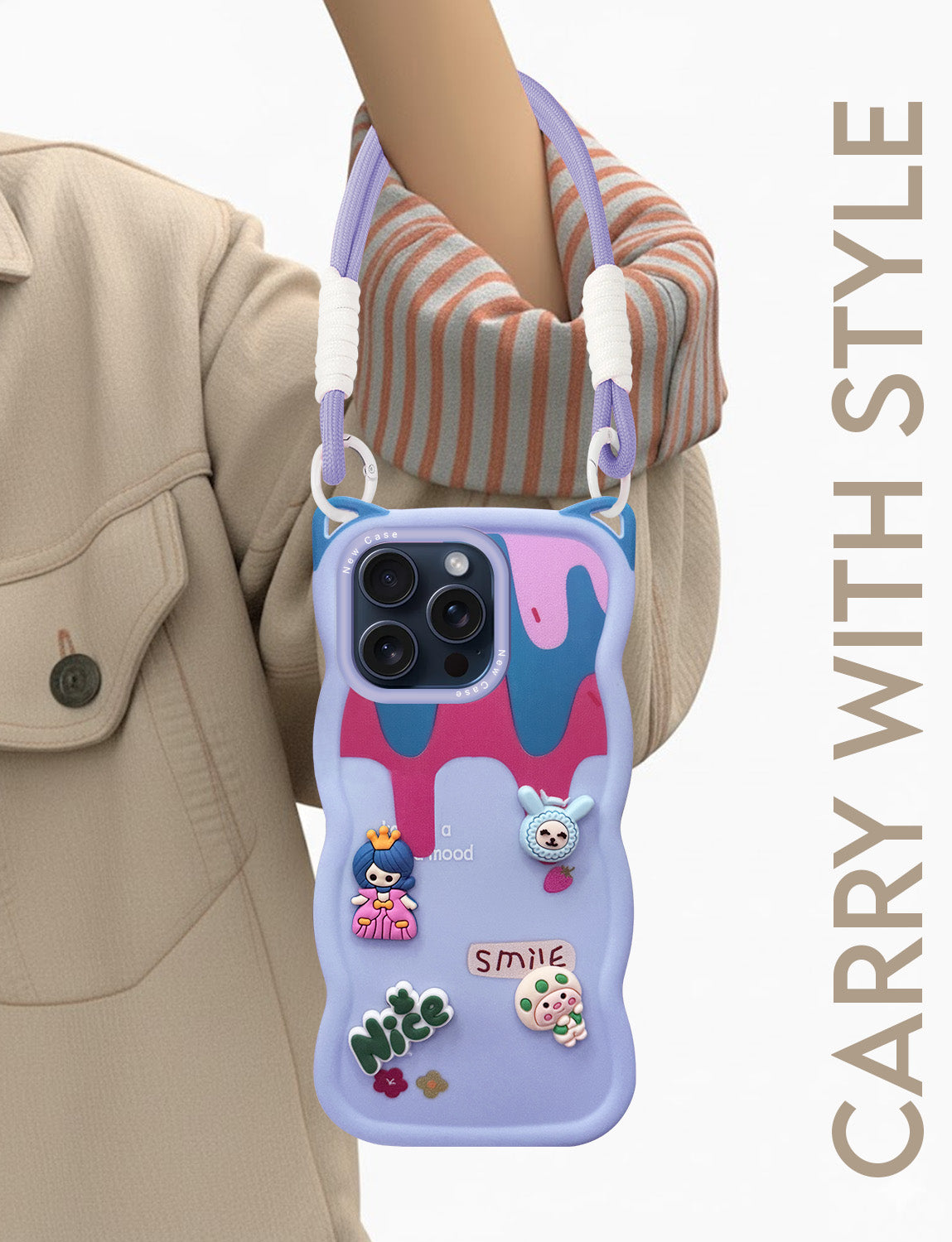 For Apple iPhone 15 Pro Back Case Cover Strap(3D Embossed Figures | Strap Holder | 360* Soft Cushion with Camera Bump)