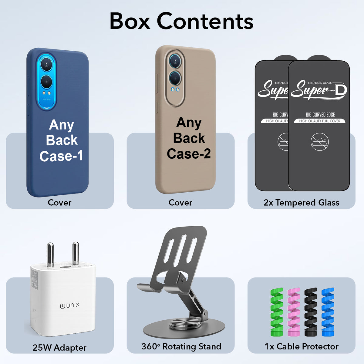 Complete Mobile Care Kit (Get Any 2 Cases+2 Tempered Glass+25W Charger Adapter+Metallic Mobile Stand+Cable Protector)