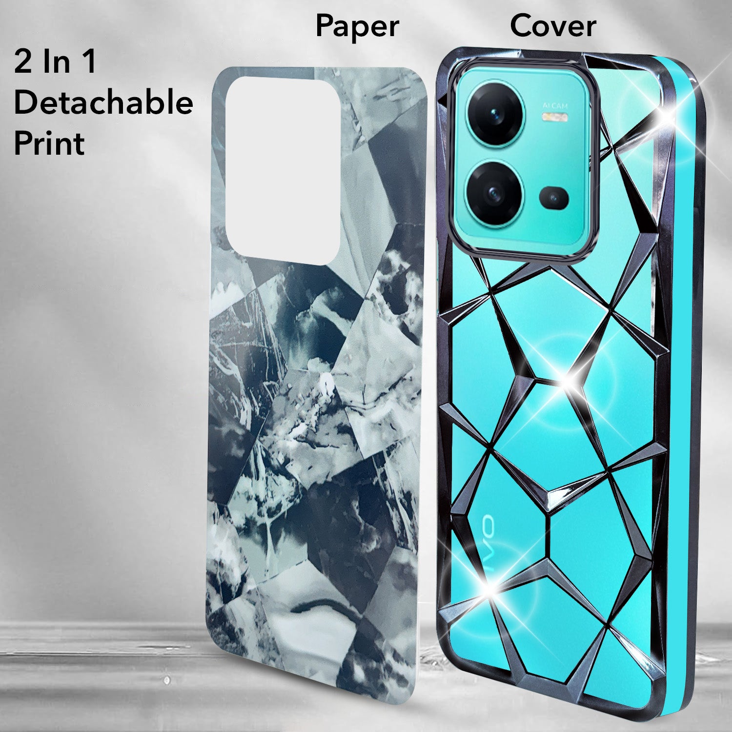 For Vivo V25 5G Back Cover Case Compatible (Dual Design Glitter Sparkle and Detachable Diamond Print Case | Soft and Flexible)