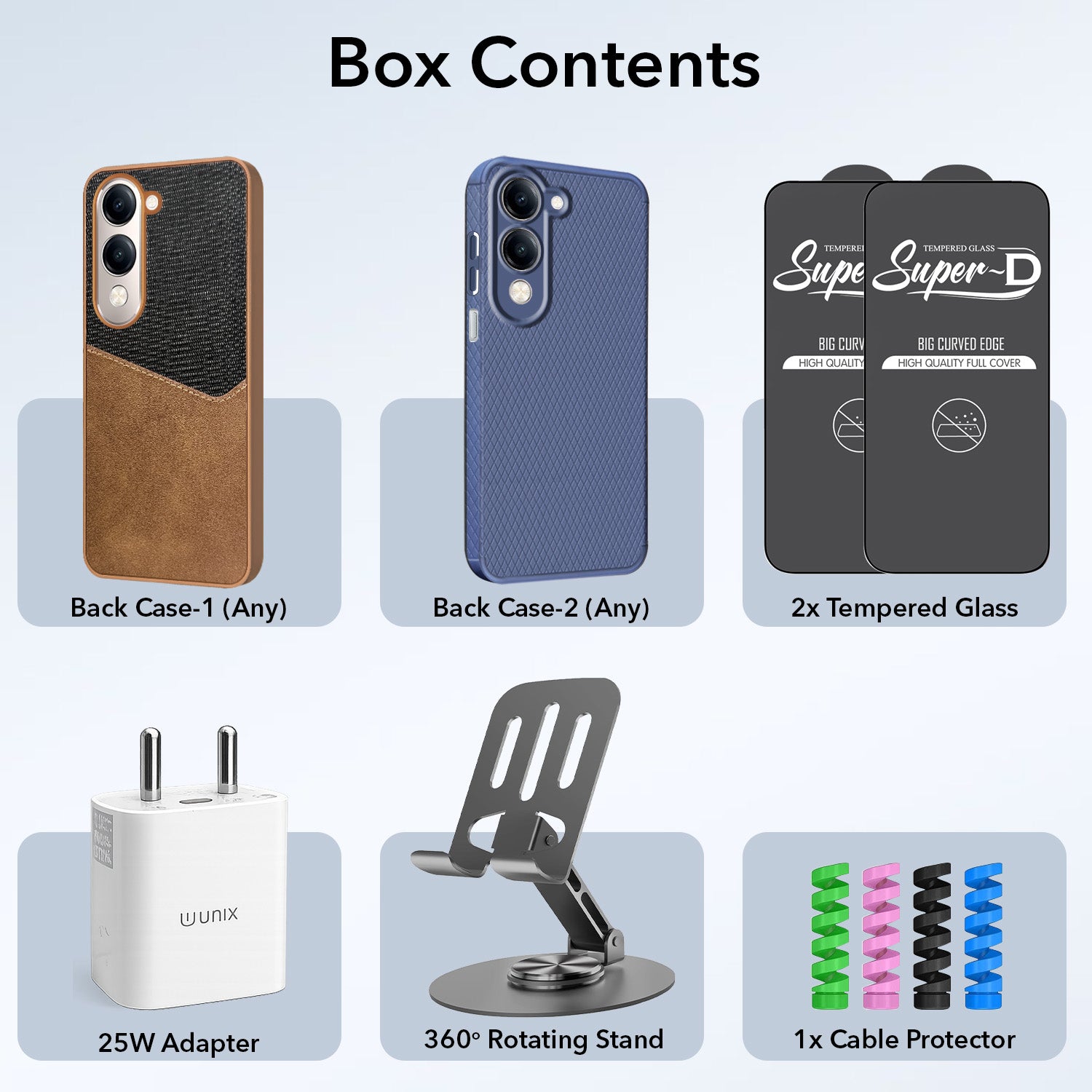 Complete Mobile Care Kit (Get Any 2 Cases+2 Tempered Glass+25W Charger Adapter+Metallic Mobile Stand+Cable Protector)