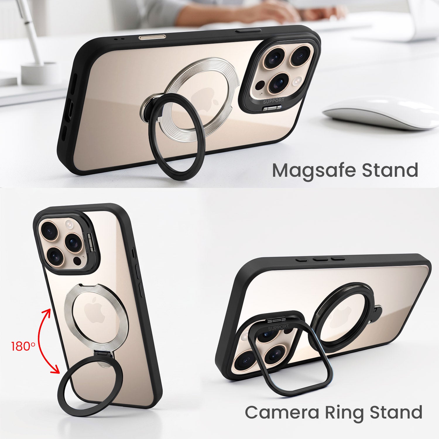 For Apple iPhone 16 Pro Back Cover Case Crystal (Lifetime Anti Yellow | Magnetic Ring Stand | Camera Lens Protection | MagSafe Compatible)