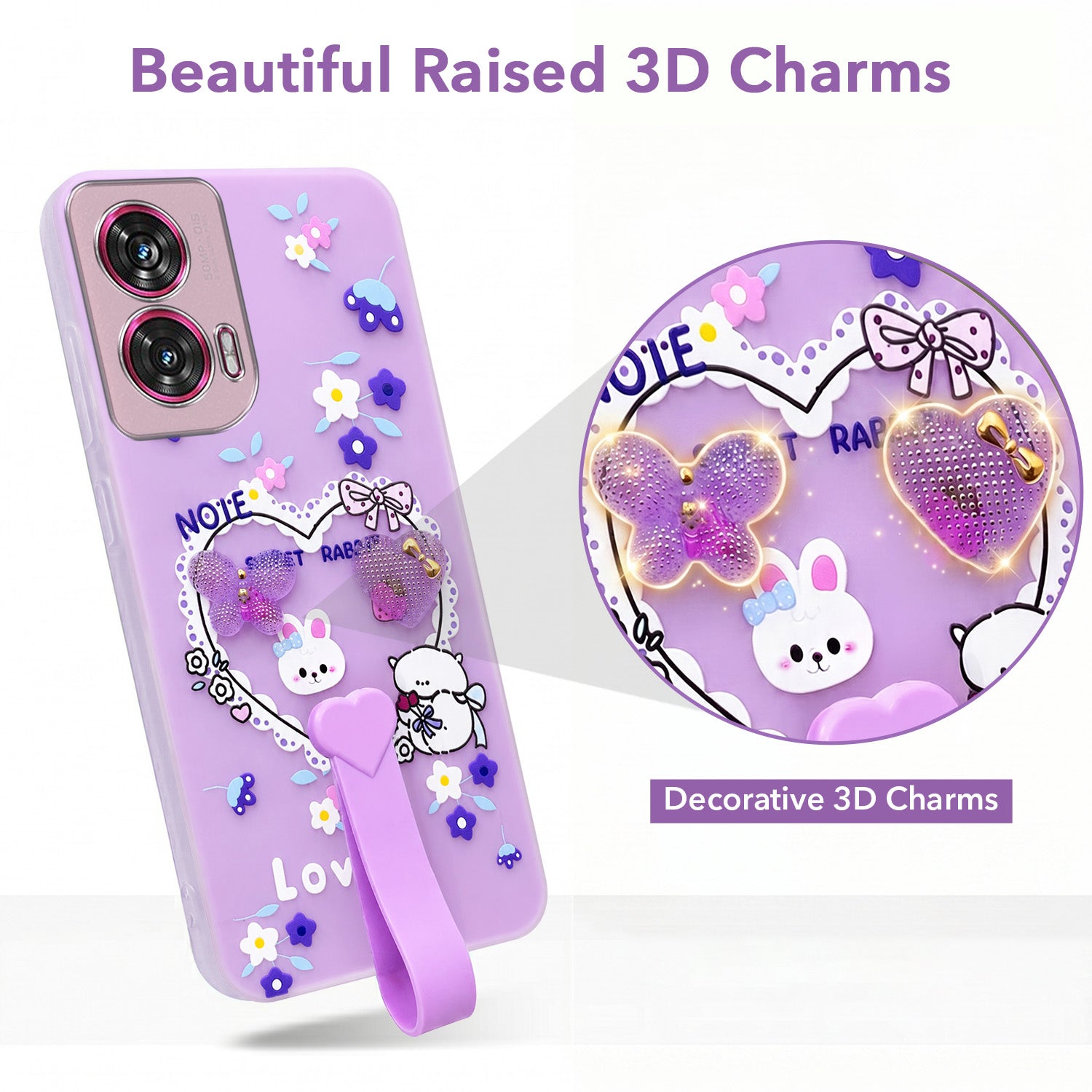 For Motorola Moto Edge 50 Fusion Back Cover Case (3D Cute Heart Strap Holder | Camera Protection | Designer Girls Print)