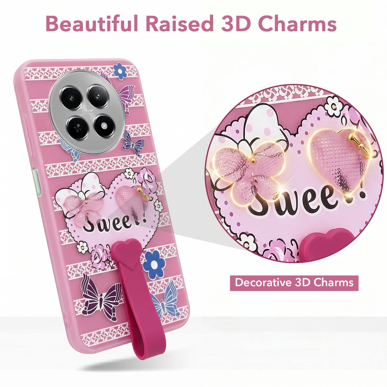 For Realme C65 5G Back Cover Case (3D Cute Heart Strap Holder | Camera Protection | Designer Girls Print)