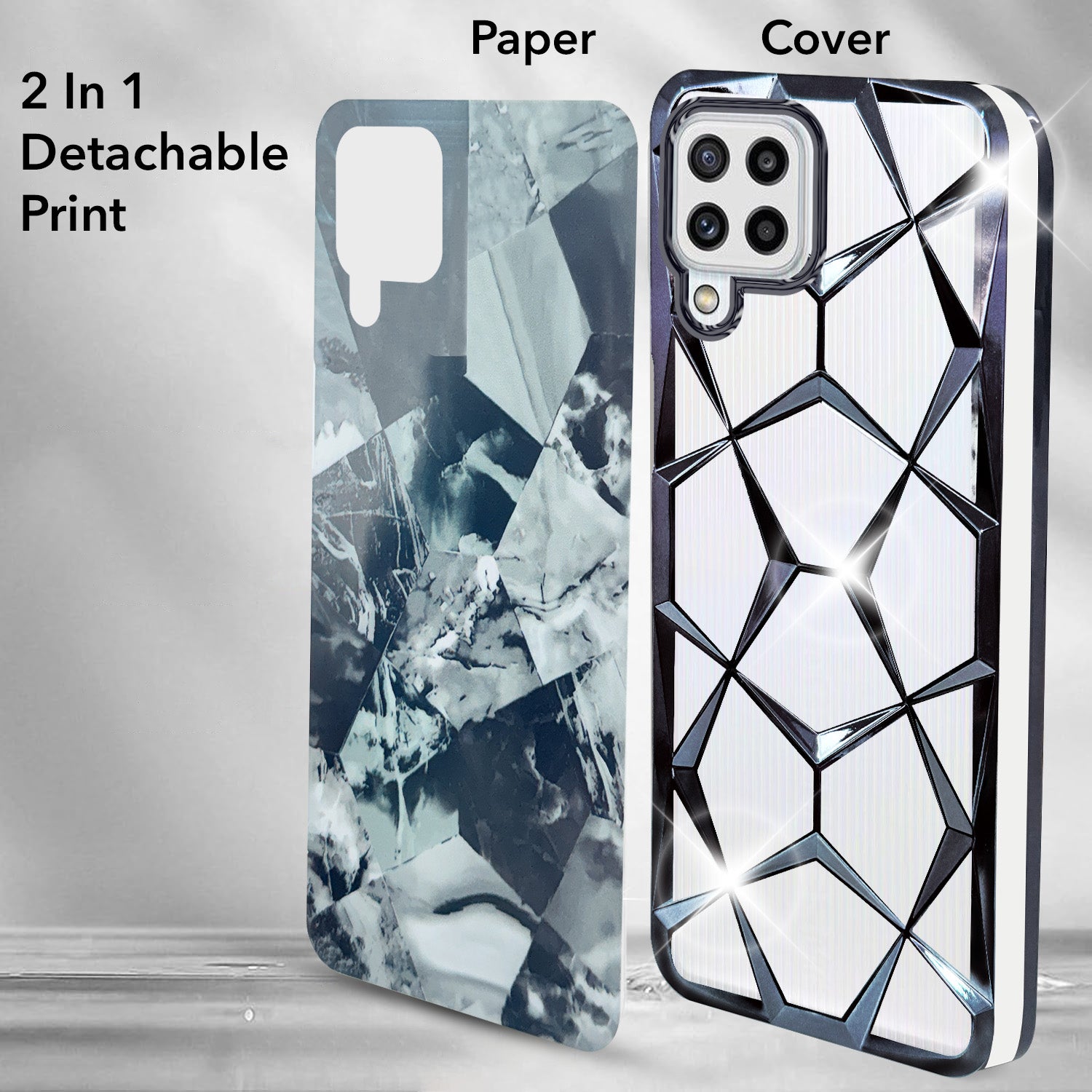 For Samsung Galaxy M32 4G Back Cover Case (Dual Design Glitter Sparkle and Detachable Diamond Print Case | Soft and Flexible)