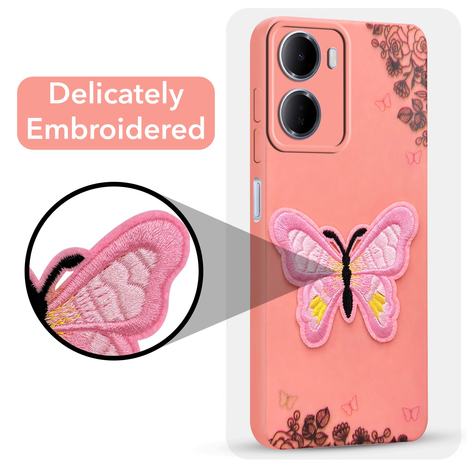 For Redmi 15A 5G Back Cover Case (Soft Butterfly Embroidery | Women Teen Girls | Camera Protection| Matte Silicone)