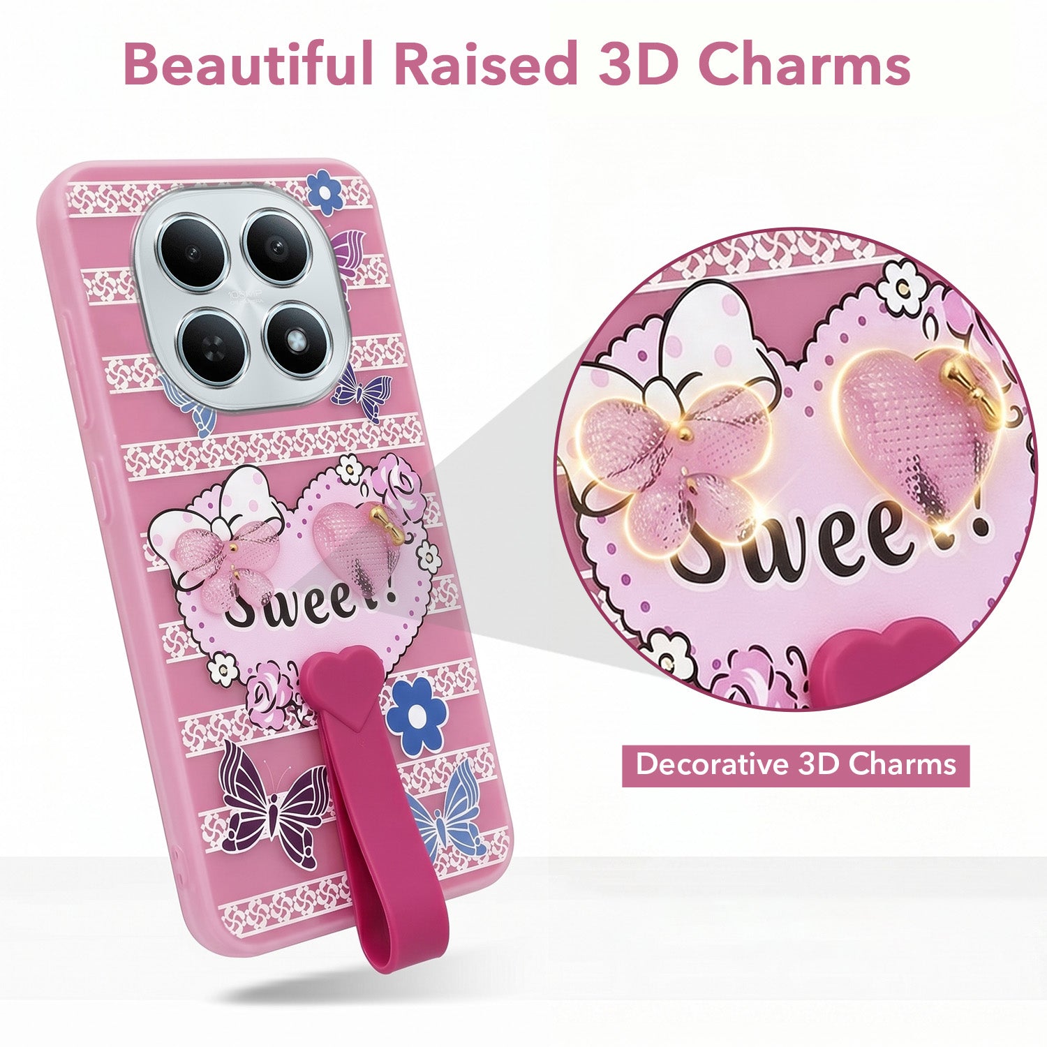 For Poco M8 5G Back Cover Case (3D Cute Heart Strap Holder | Camera Protection | Designer Girls Print)