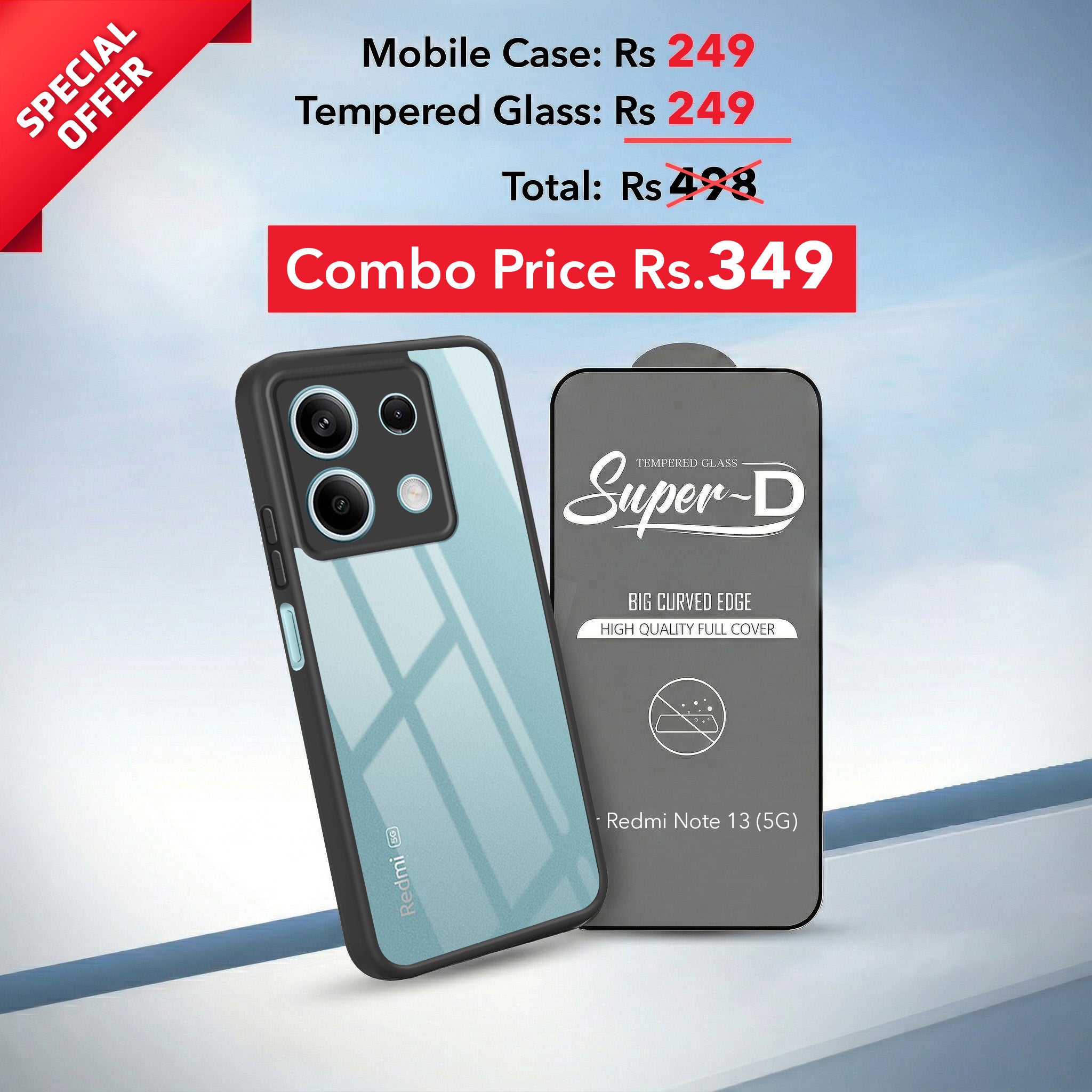 For Xiaomi Redmi Note 13 5G Combo with Back Cover and 9H Tempered Glass (Lifetime Anti-Yellow | Crystal Clear Shockproof | Oleophobic Coating Screen Glass)