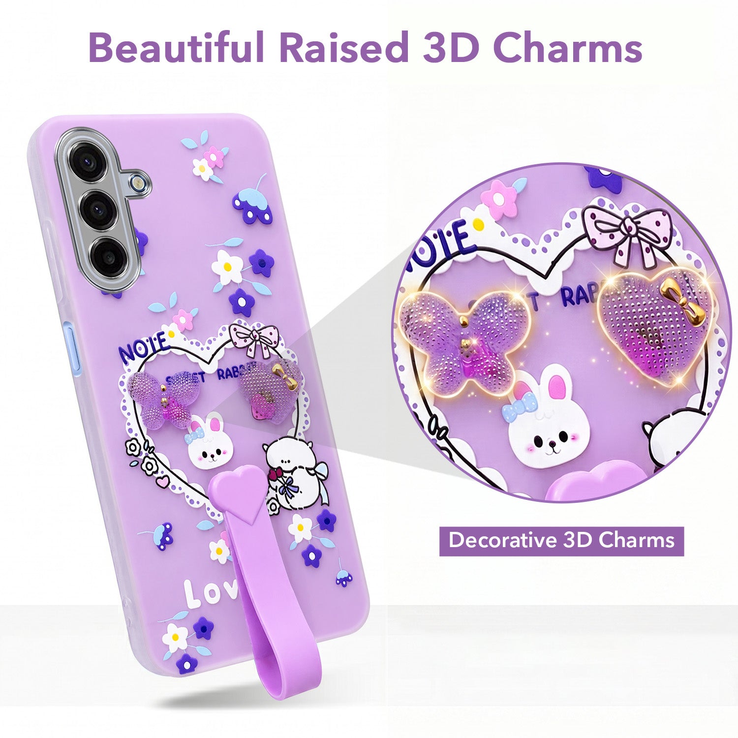 For Samsung A17 Back Cover Case (3D Cute Heart Strap Holder | Camera Protection | Designer Girls Print)