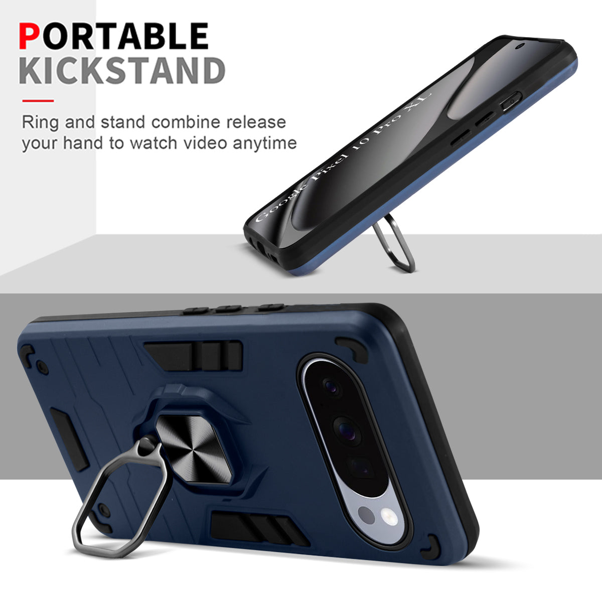 For Google Pixel 10 Pro XL Back Cover Case Hybrid Armor (Shockproof Dual Layer Polycarbonate |Ring Holder Kickstand)