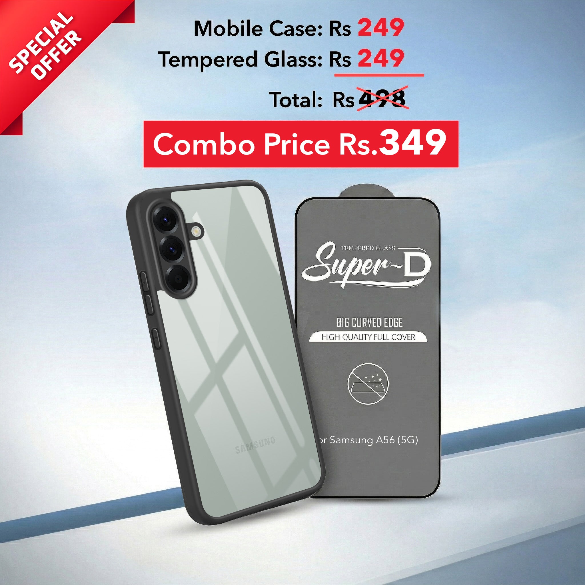 For Samsung Galaxy A56 Combo with Back Cover and 9H Tempered Glass (Lifetime Anti-Yellow | Crystal Clear Shockproof | Oleophobic Coating Screen Glass)