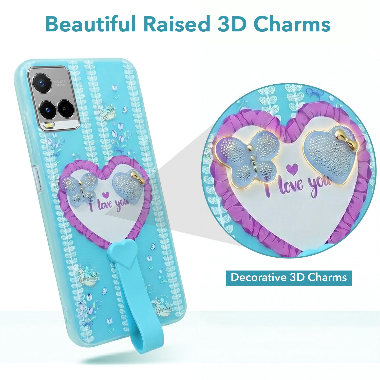 For Vivo Y21 (2021) Back Cover Case (3D Cute Heart Strap Holder | Camera Protection | Designer Girls Print)