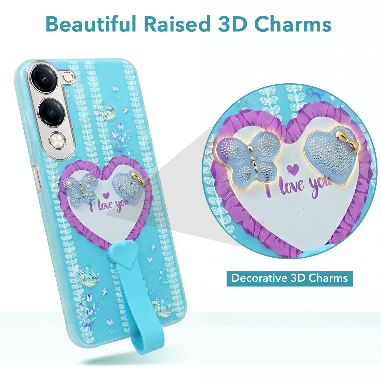 For Vivo Y19 | Vivo Y19e | Vivo T4 Lite Back Cover Case (3D Cute Heart Strap Holder | Camera Protection | Designer Girls Print)