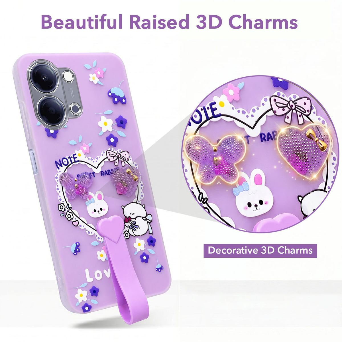 For Vivo Y05 (4G) | Vivo T5 Lite (5G) Back Cover Case (3D Cute Heart Strap Holder | Camera Protection | Designer Girls Print)