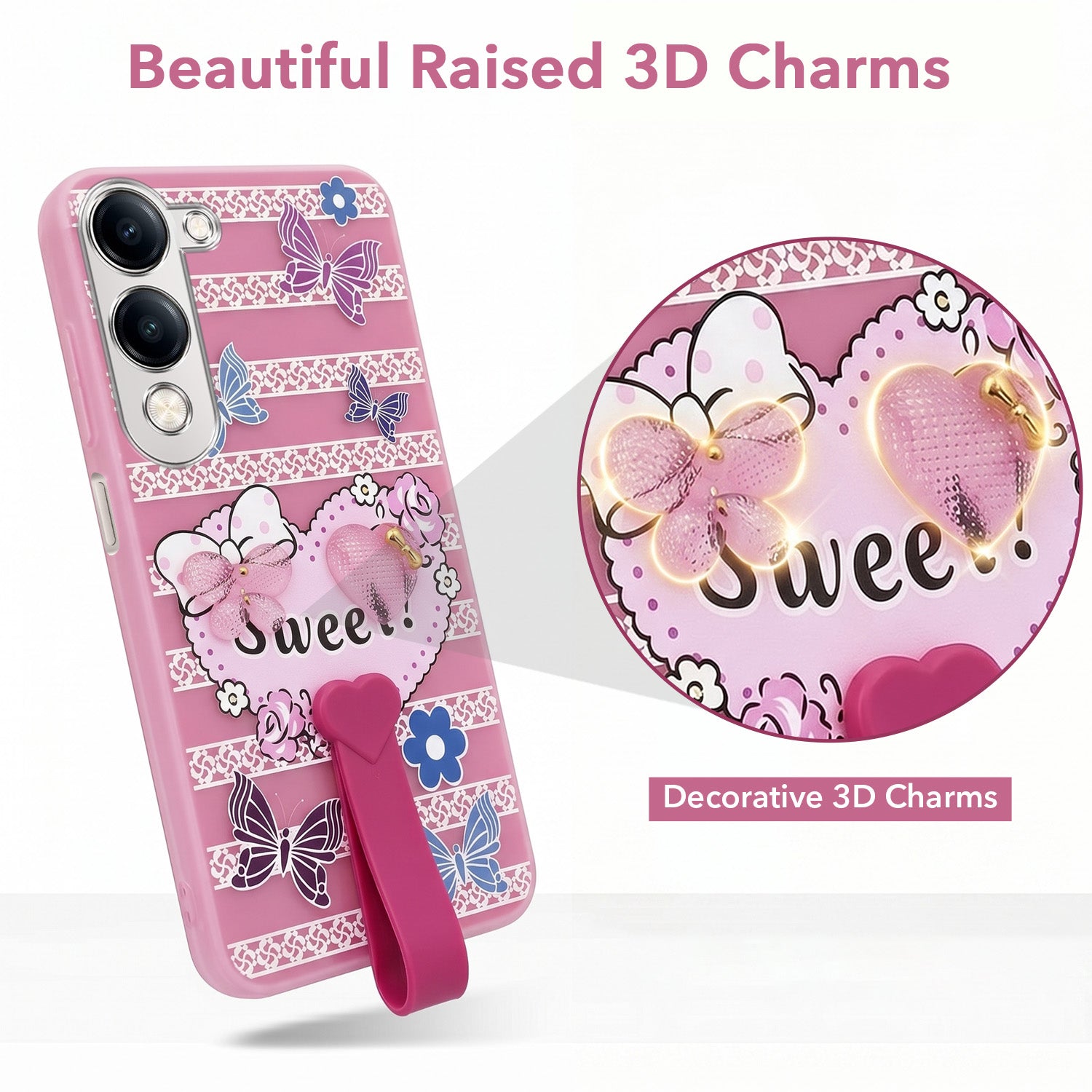 For Vivo Y19 | Vivo Y19e | Vivo T4 Lite Back Cover Case (3D Cute Heart Strap Holder | Camera Protection | Designer Girls Print)