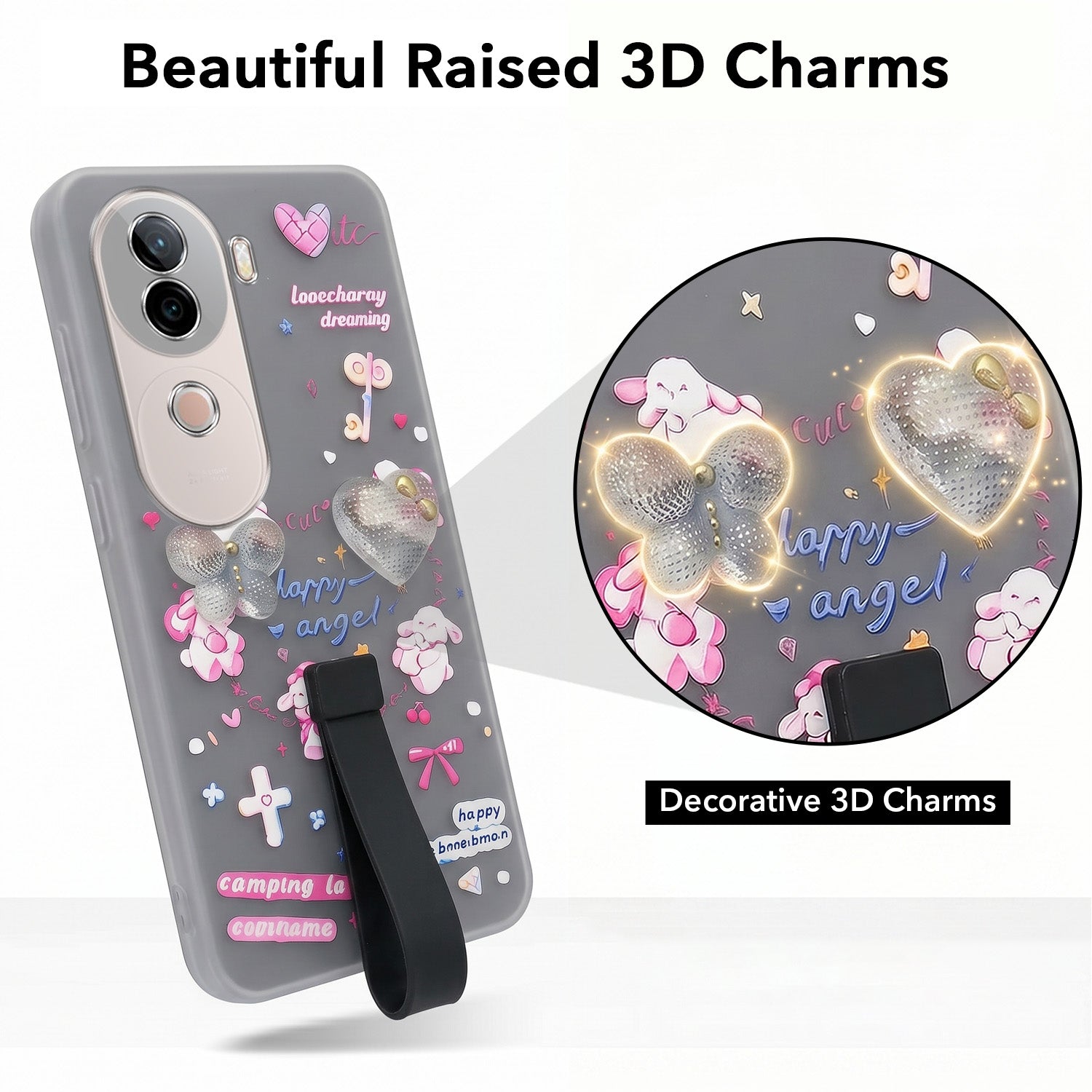 For Vivo V40e Back Cover Case (3D Cute Heart Strap Holder | Camera Protection | Designer Girls Print)