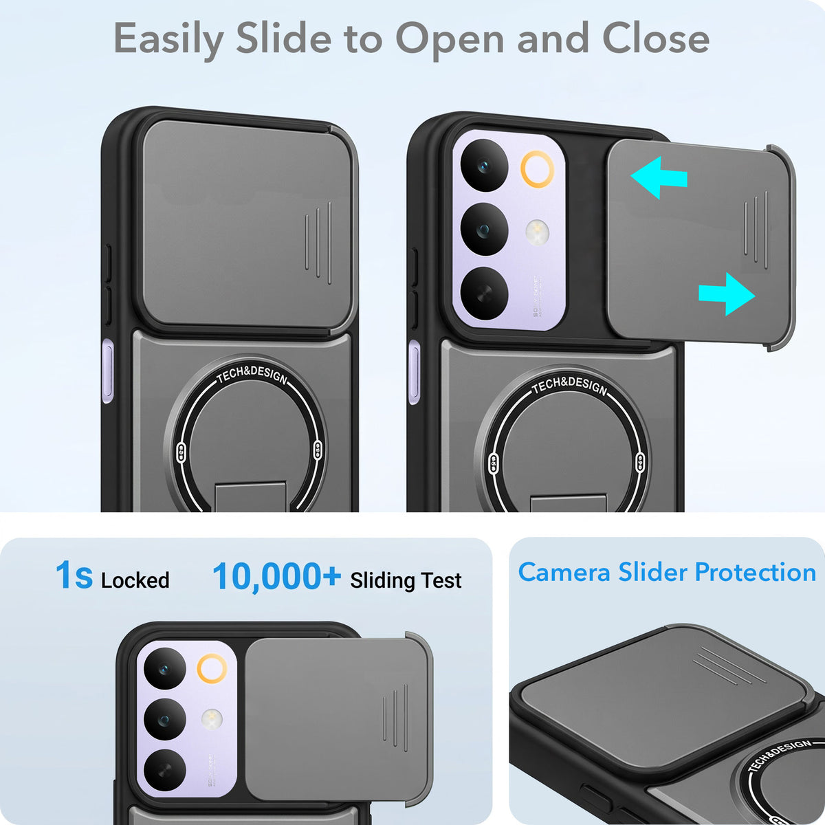 For Realme C85 5G | Realme Narzo 90x Back Case Cover Metallic (Hybrid Armor Kickstand | Sliding Shutter Camera Protection | MagSafe Compatible)