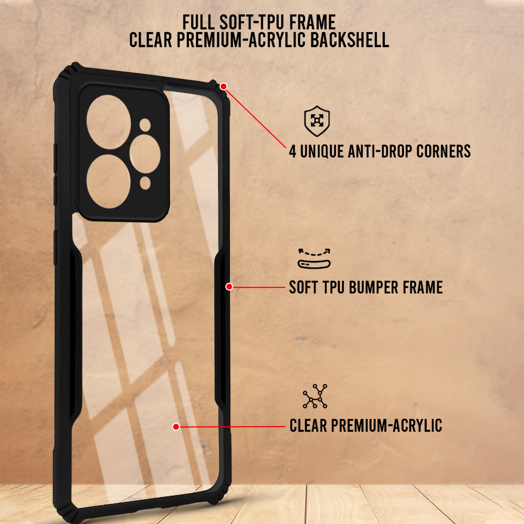 For Realme 15 Back Cover Case Hybrid (Shockproof with Polycarbonate Clear Panel | Professional Black)