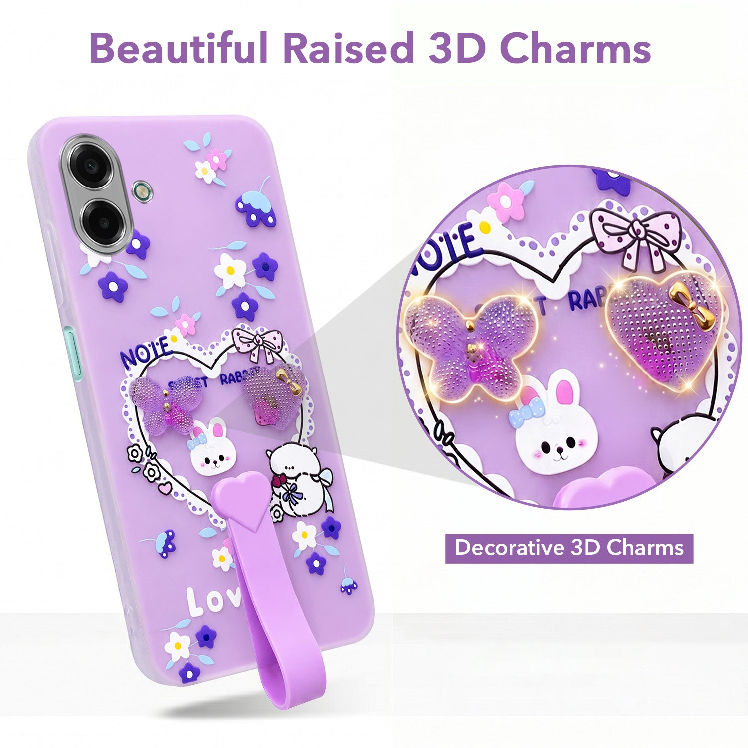 For Samsung Galaxy A07 5G | F70e 5G Back Cover Case (3D Cute Heart Strap Holder | Camera Protection | Designer Girls Print)