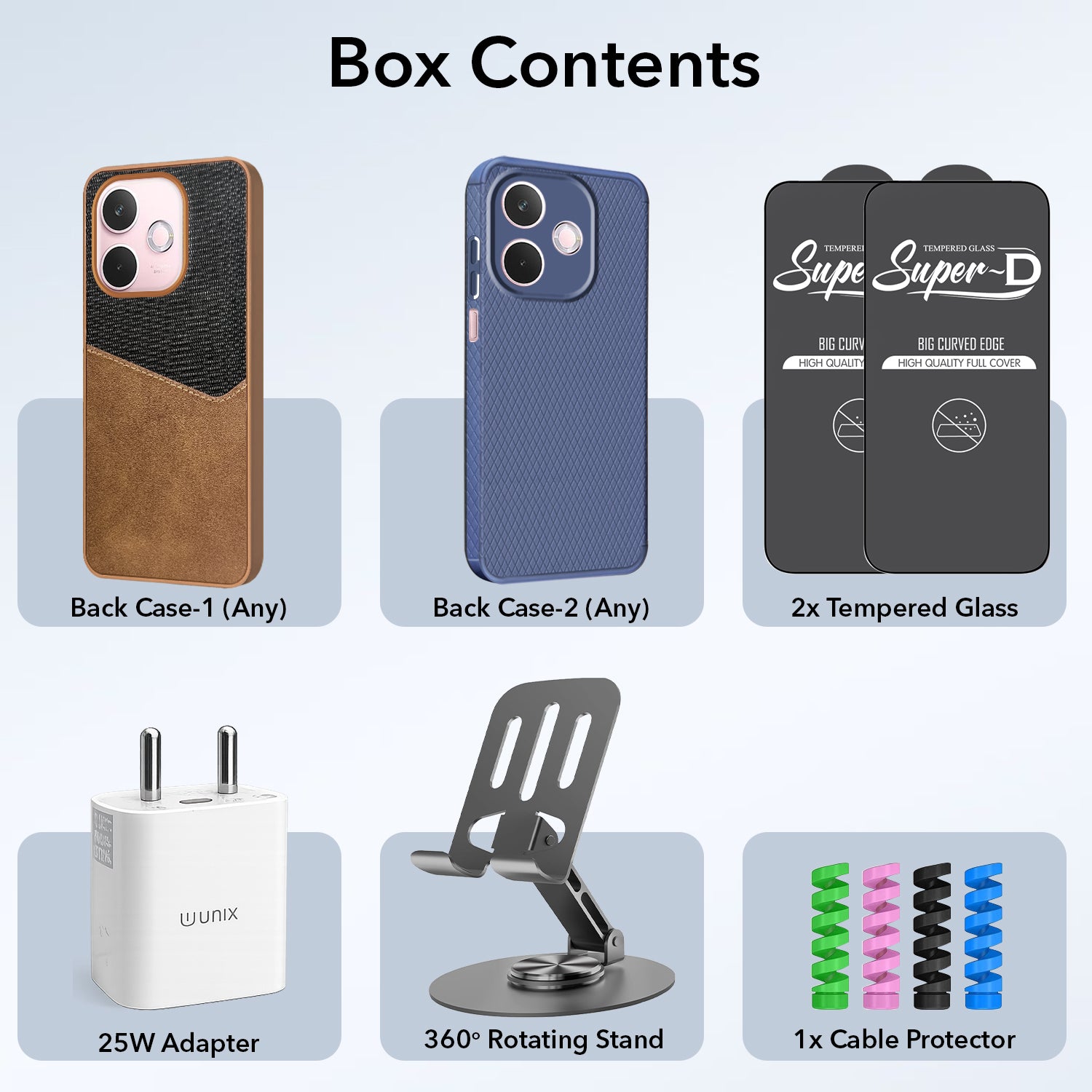 Complete Mobile Care Kit (Get Any 2 Cases+2 Tempered Glass+25W Charger Adapter+Metallic Mobile Stand+Cable Protector)