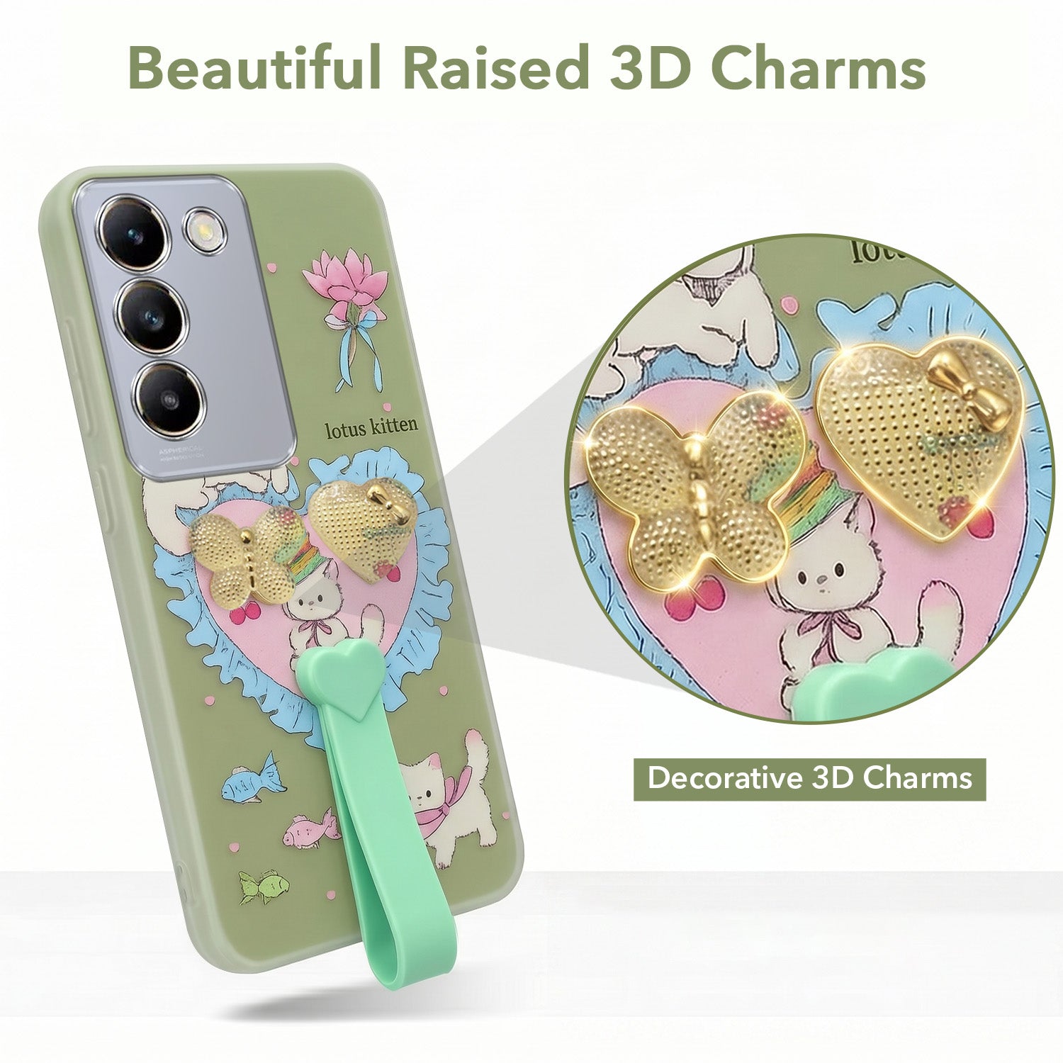 For Vivo T3 5G Back Cover Case (3D Cute Heart Strap Holder | Camera Protection | Designer Girls Print)