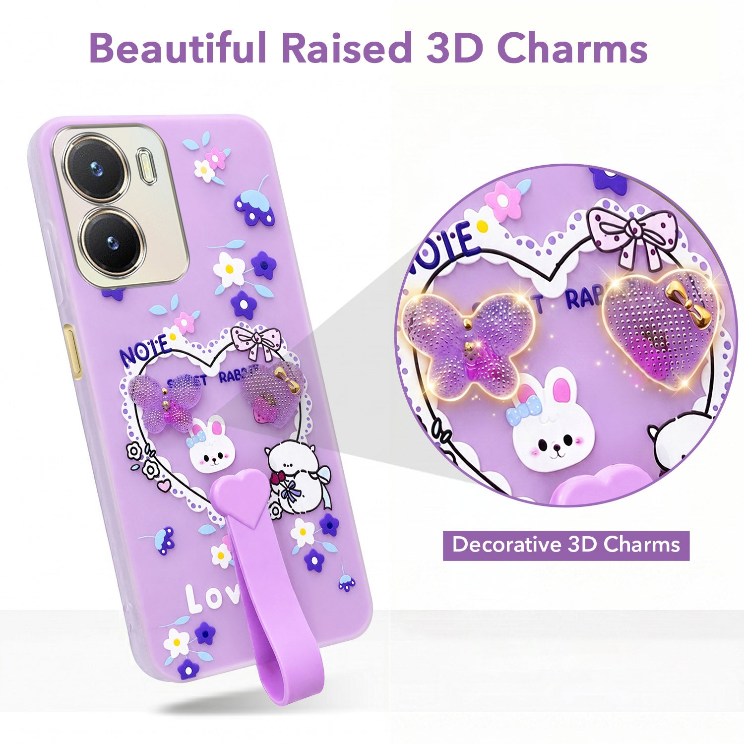 For Vivo T2x Back Cover Case (3D Cute Heart Strap Holder | Camera Protection | Designer Girls Print)