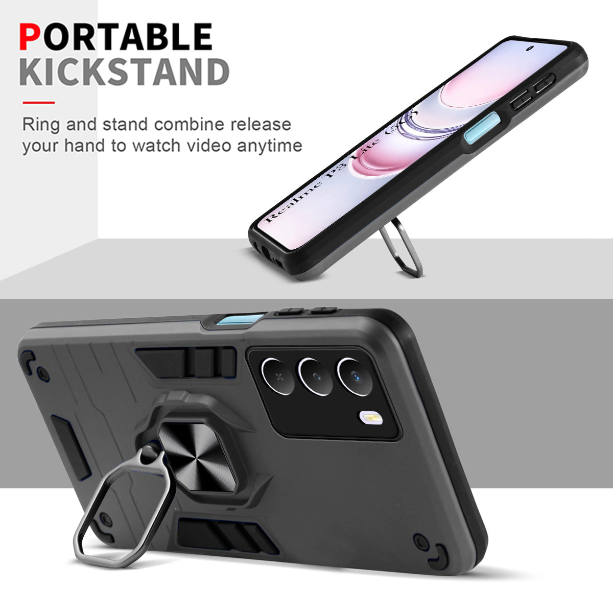 For Realme P3 Lite Hybrid Armor Back Cover Case (Shockproof Dual Layer Polycarbonate |Ring Holder Kickstand)