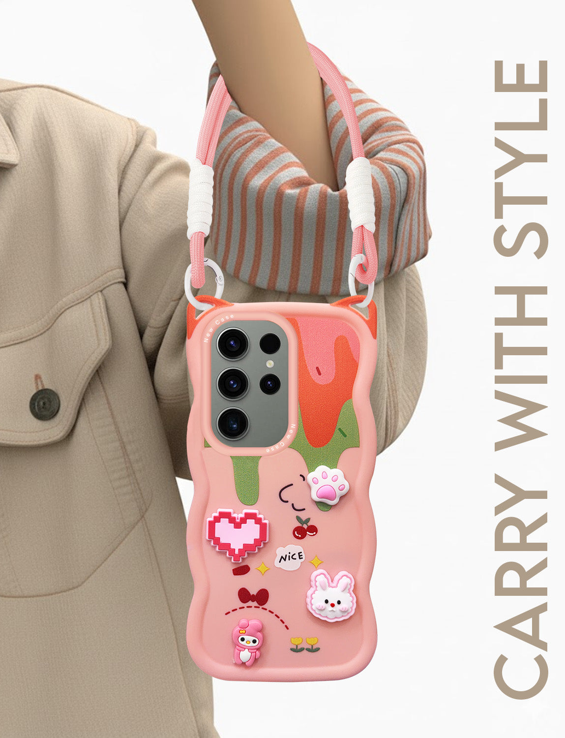 For Samsung Galaxy S23 Ultra Back Case Cover Strap (3D embossed Figures | Strap Holder | 360* Soft Cushion with Camera Bump)