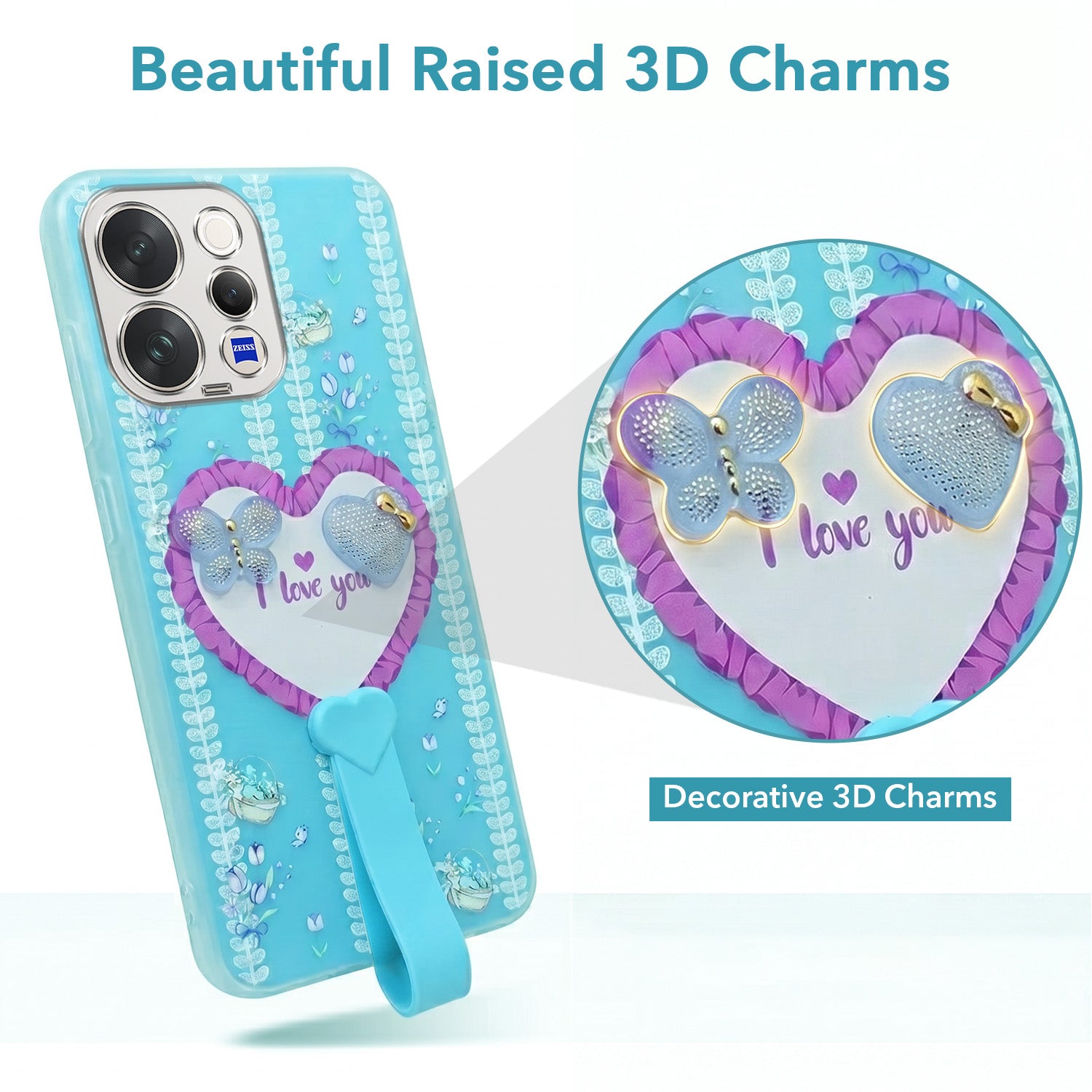 For Vivo V70 | Vivo V70 Elite 5G Back Cover Case (3D Cute Heart Strap Holder | Camera Protection | Designer Girls Print)