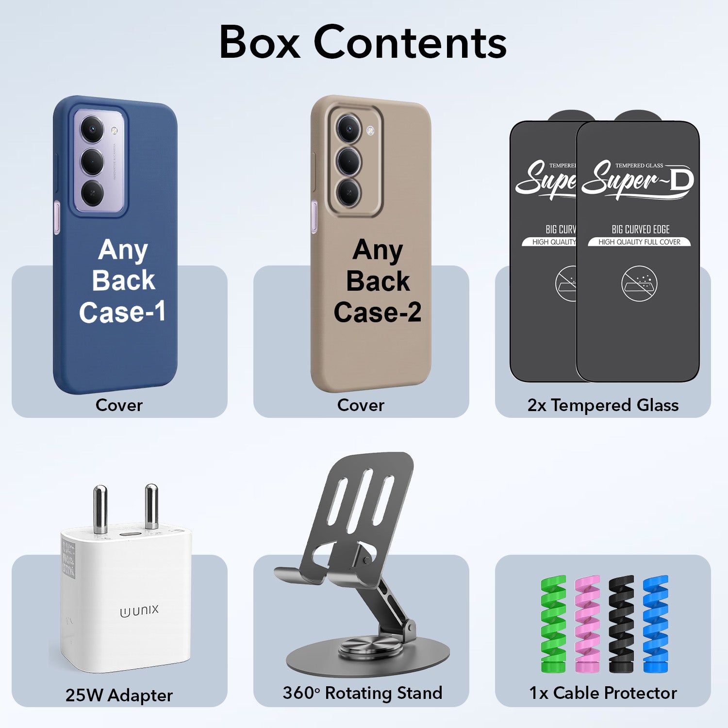 Complete Mobile Care Kit (Get Any 2 Cases+2 Tempered Glass+25W Charger Adapter+Metallic Mobile Stand+Cable Protector)