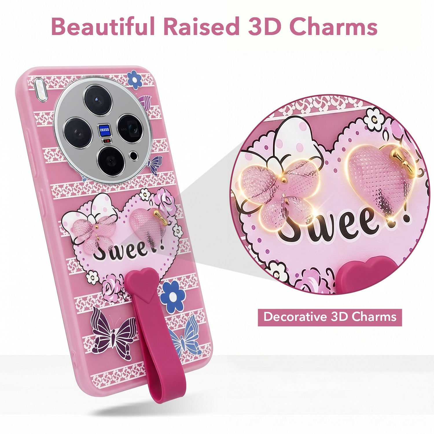 For Vivo X300 5G Back Cover Case (3D Cute Heart Strap Holder | Camera Protection | Designer Girls Print)