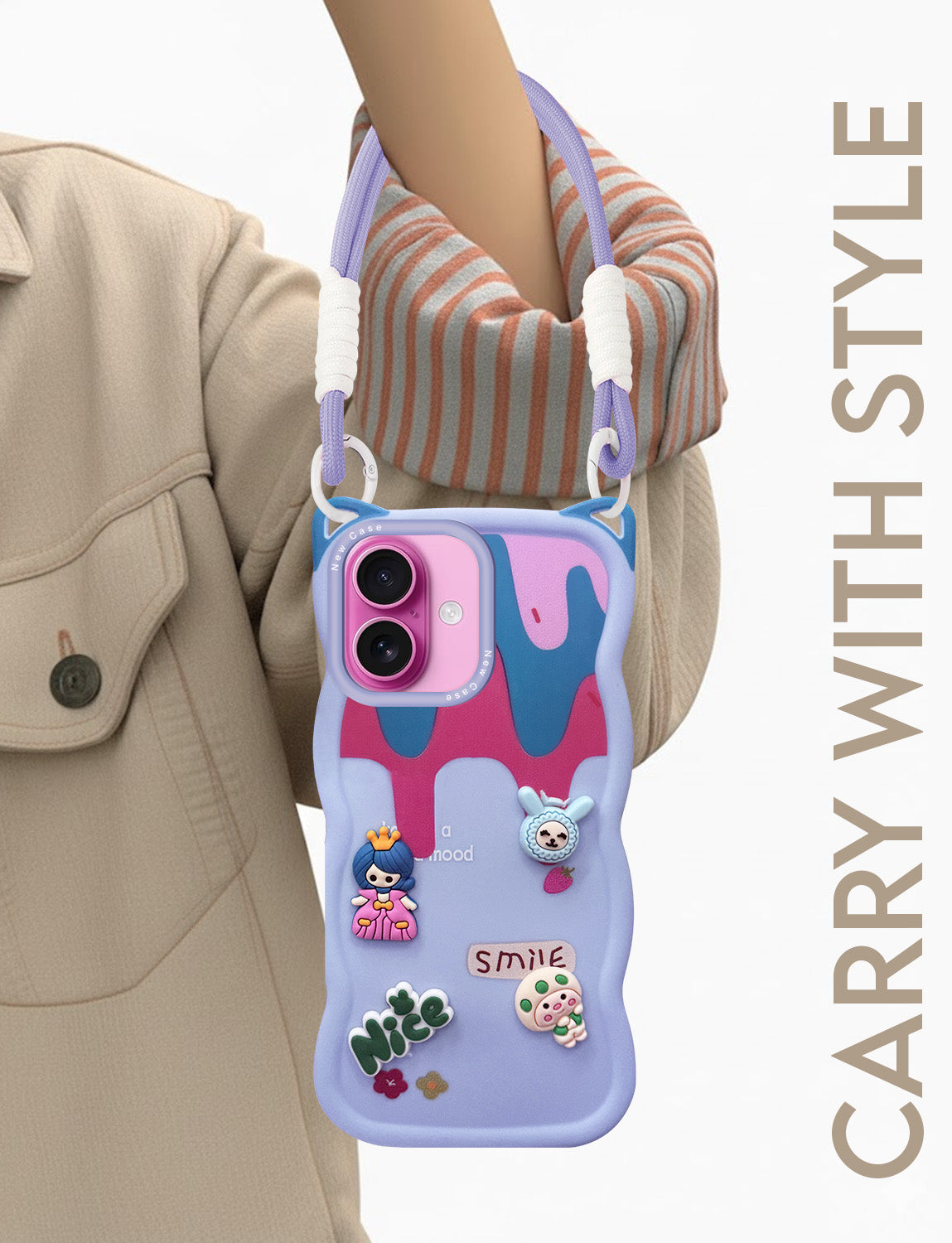 For Apple iPhone 16 Plus Back Case Cover Strap (3D Embossed Figures | Strap Holder | 360* Soft Cushion with Camera Bump)