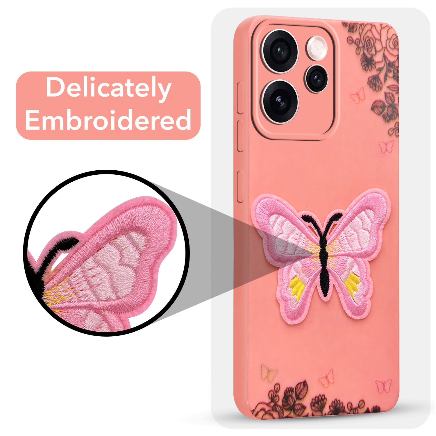 For Oppo Reno15 Pro Mini 5G | Oppo Reno 15 Pro Mini 5G Back Cover Case (Soft Butterfly Embroidery | Women Teen Girls | Camera Protection| Matte Silicone)
