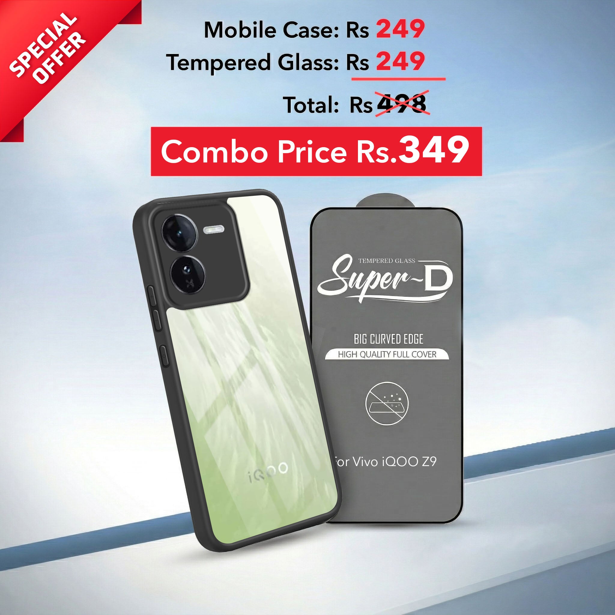 For Vivo IQOO Z9 5G Combo with Back Cover and 9H Tempered Glass (Lifetime Anti-Yellow | Crystal Clear Shockproof | Oleophobic Coating Screen Glass)