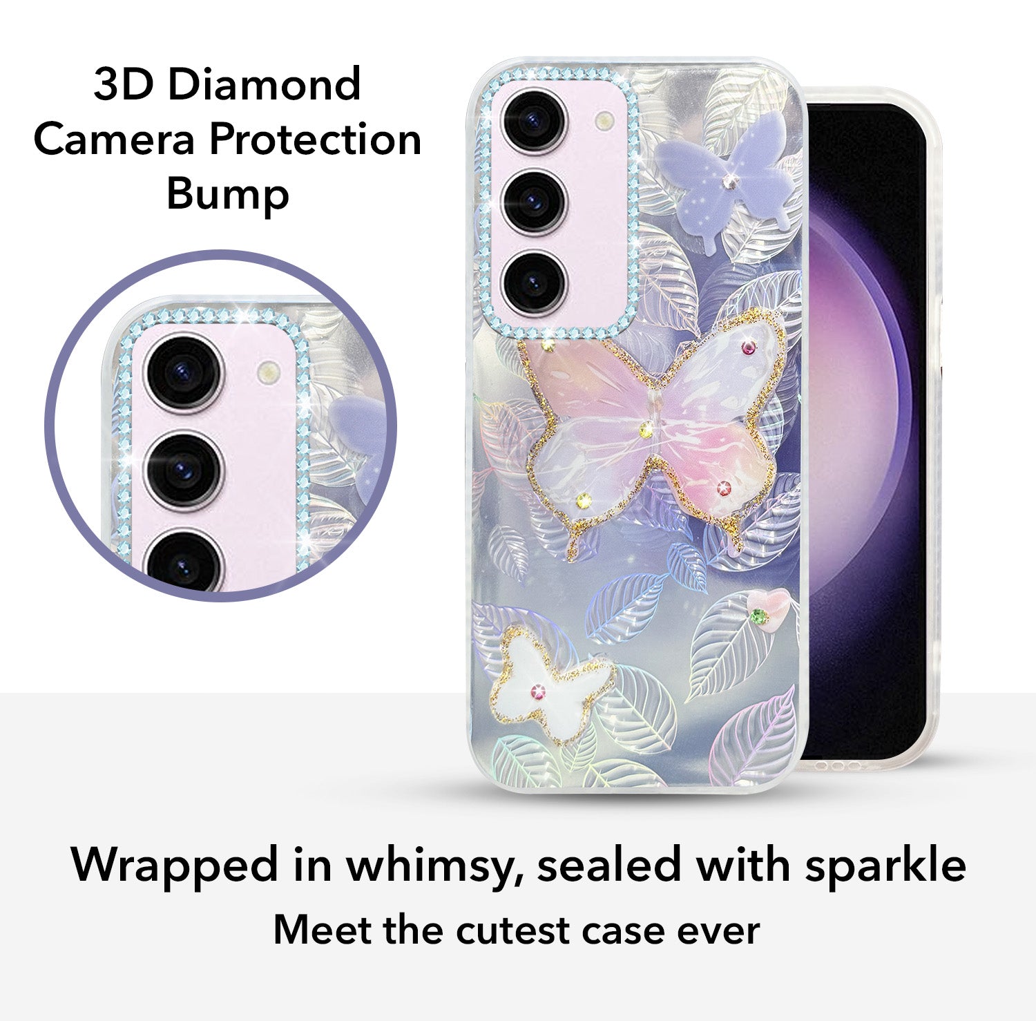 For Samsung Galaxy S23 5G Back Cover Case (Luxury Floral Glitter Cute Butterfly | Diamond Studded Camera Bump | Girls & Women Design)