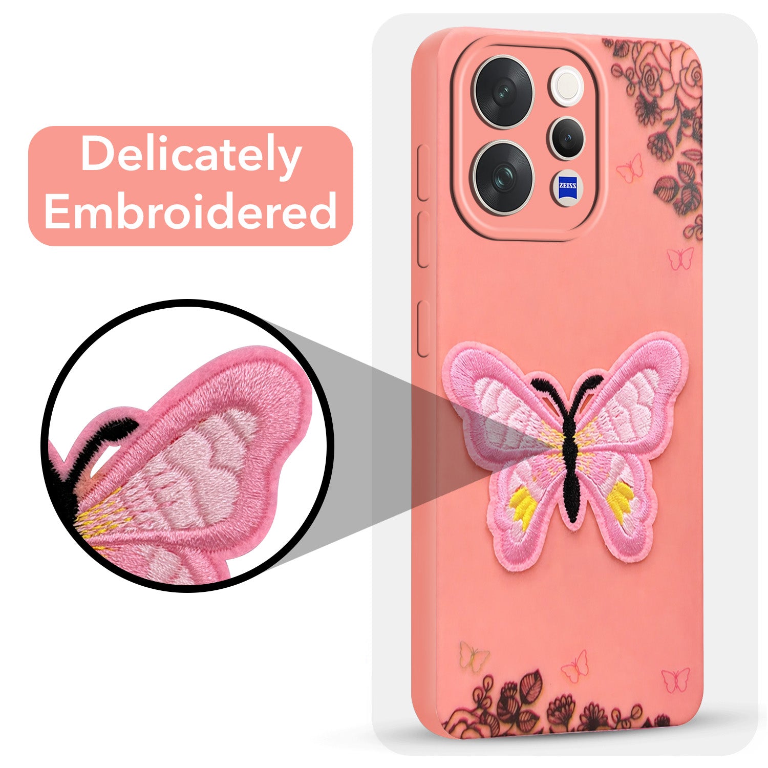 For Vivo V70 | Vivo V70 Elite 5G Back Cover Case (Soft Butterfly Embroidery | Women Teen Girls | Camera Protection| Matte Silicone)