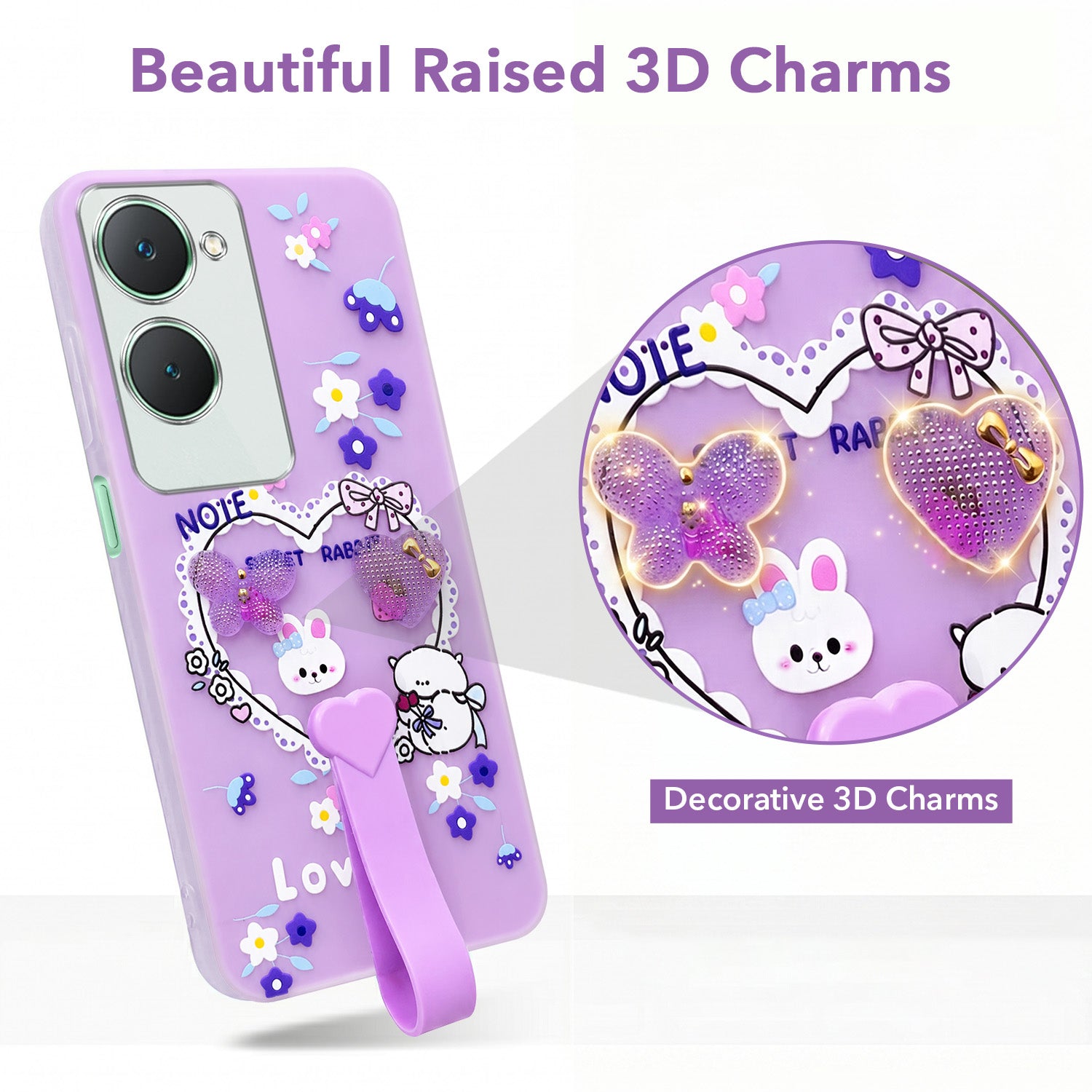 For Vivo Y18 | Y18e | Y03 | Y18i | Y18t Back Cover Case (3D Cute Heart Strap Holder | Camera Protection | Designer Girls Print)