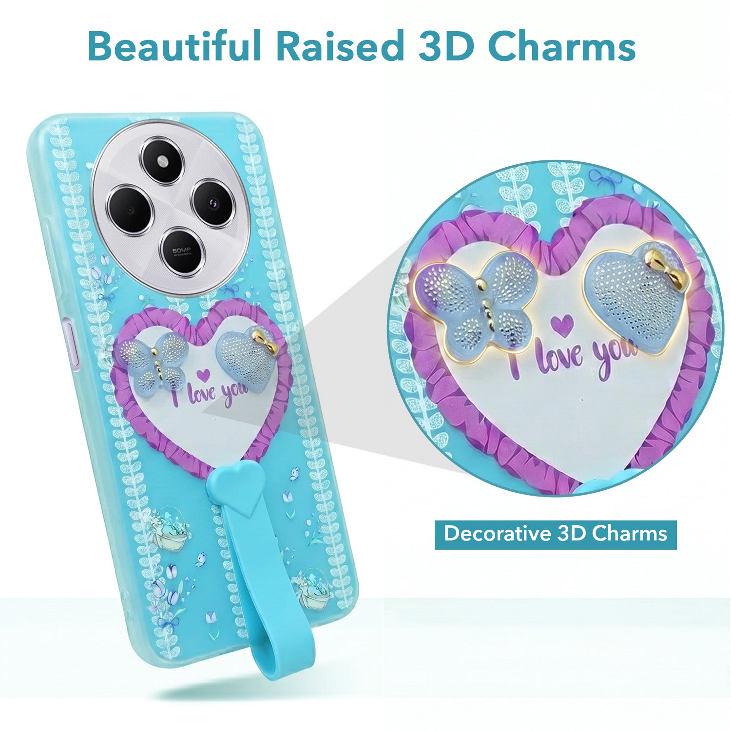 For Redmi A4 5G | Xiaomi Redmi 14C Back Cover Case (3D Cute Heart Strap Holder | Camera Protection | Designer Girls Print)