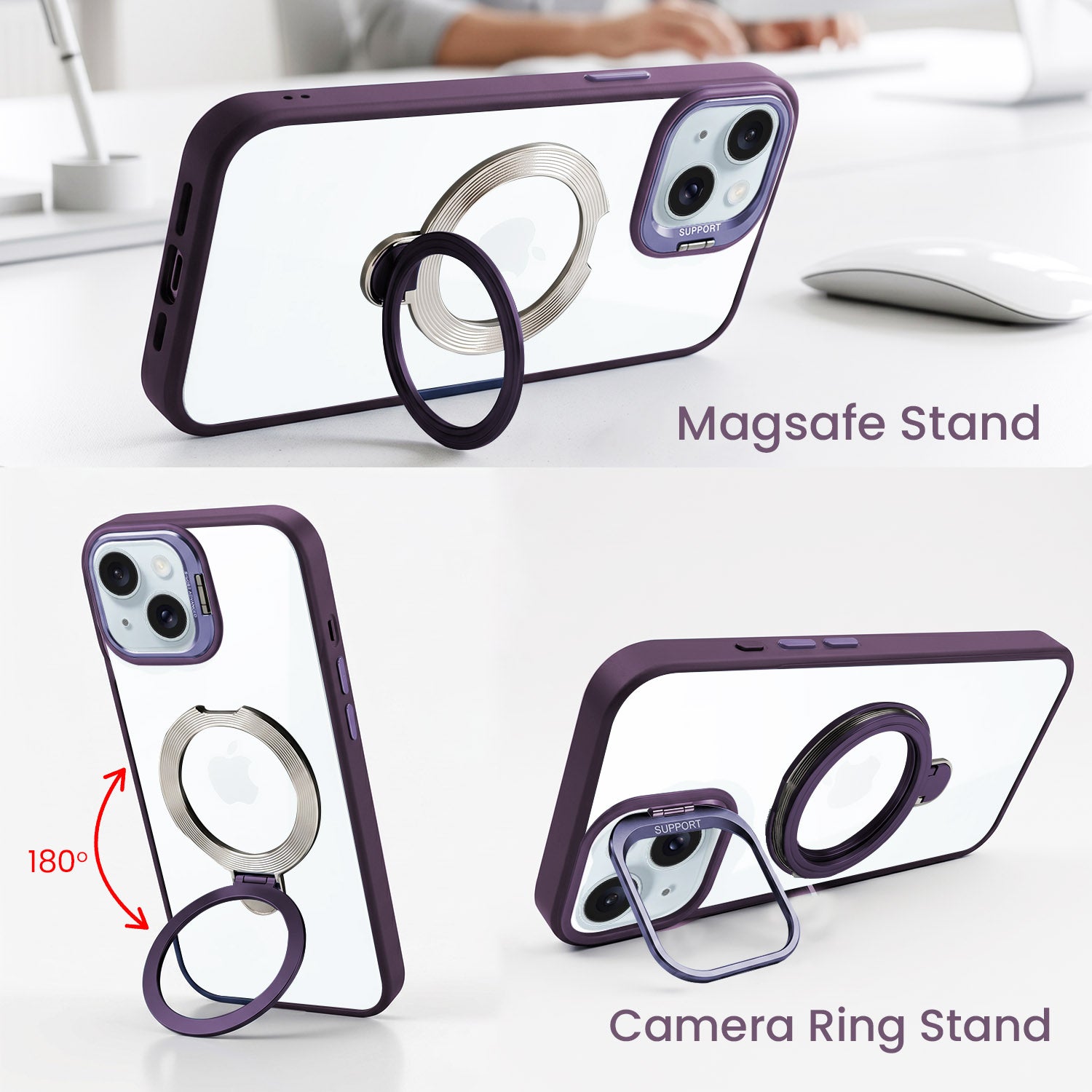 For Apple iPhone 15 Back Cover Case Crystal (Lifetime Anti Yellow | Magnetic Ring Stand | Camera Lens Protection | MagSafe Compatible)