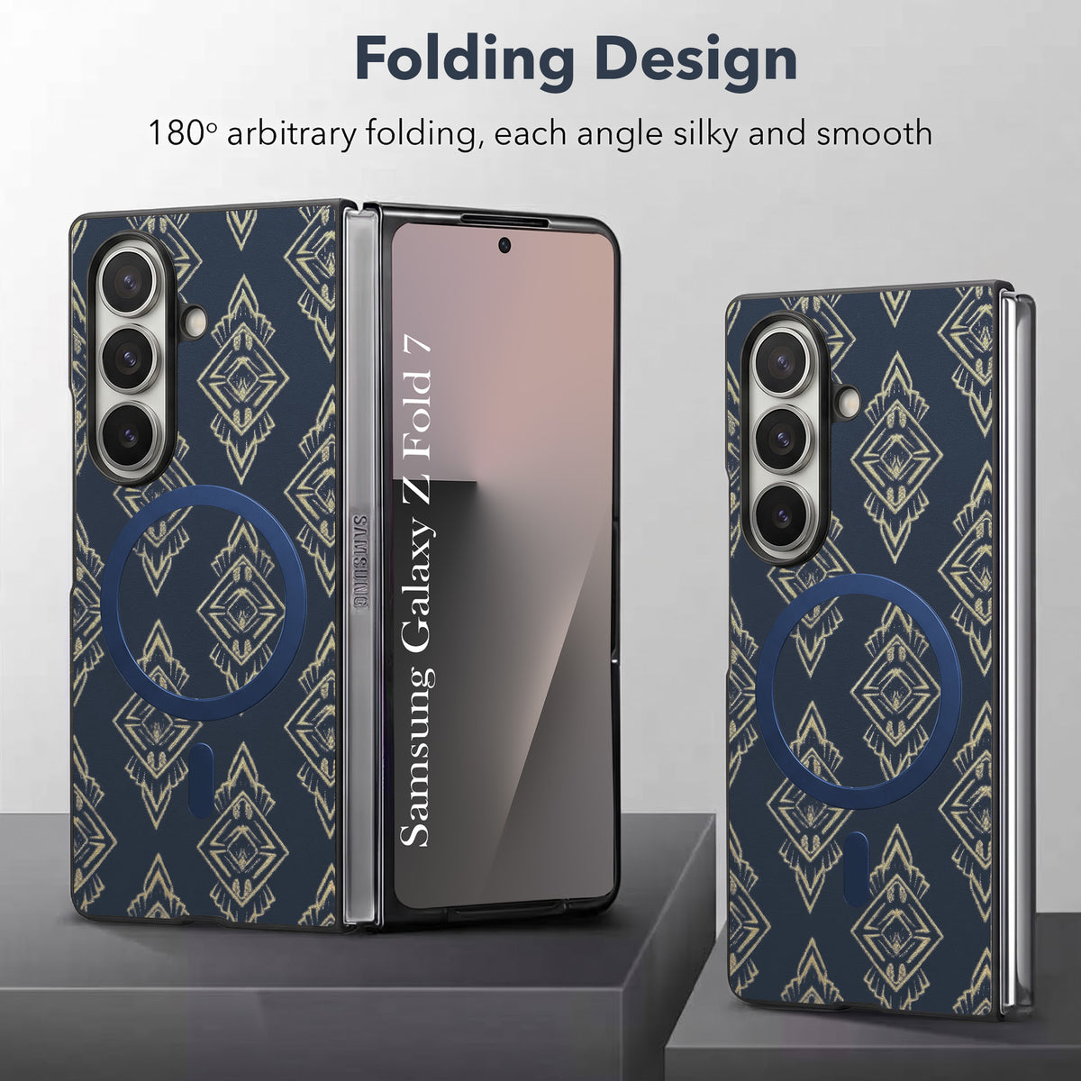 For Samsung Galaxy Z Fold 7 Back Cover Case Premium Magnetic (MagSafe Compatible | 180° Folding Design | Geometric Gold Pattern | Soft Microfiber Inner Lining)