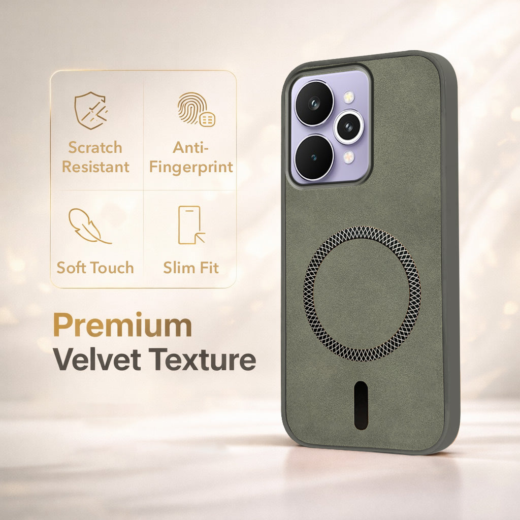 For Realme 15 Pro Back Cover Case Leather Finish (MagSafe Compatible Wireless Charging | Soft Touch | Camera Bump Protection)