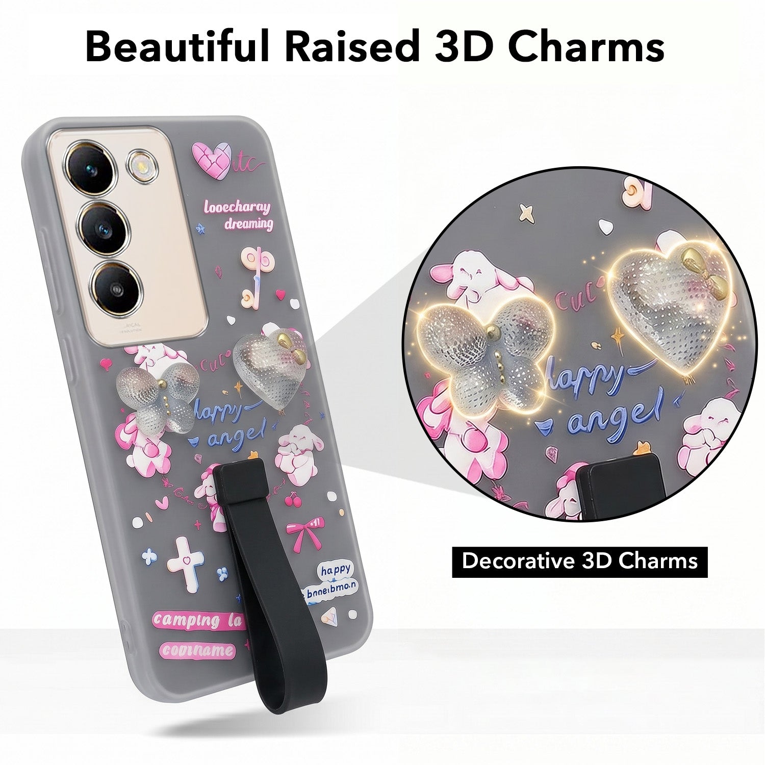 For Vivo Y200e Back Cover Case (3D Cute Heart Strap Holder | Camera Protection | Designer Girls Print)