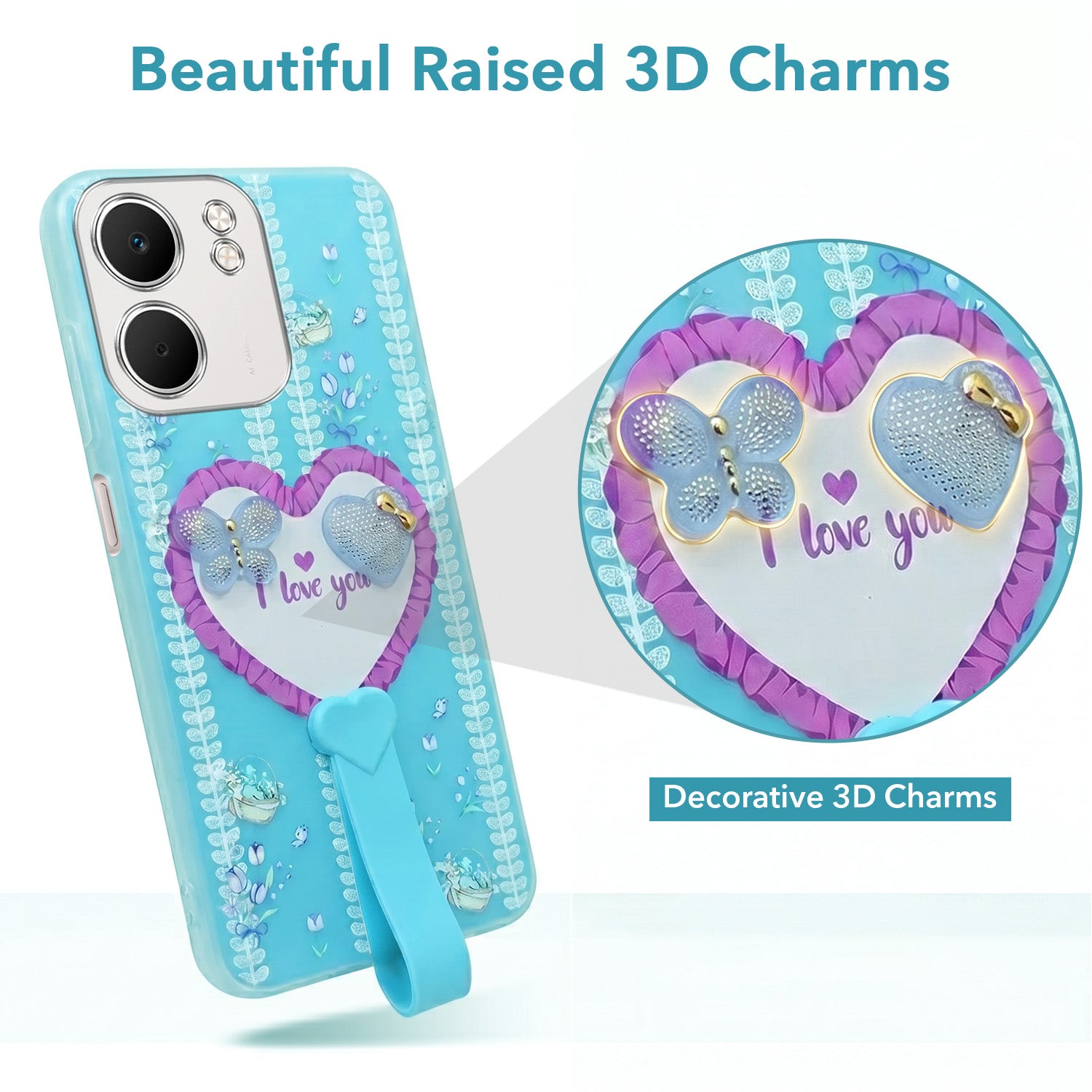 For Oppo A5X Back Cover Case (3D Cute Heart Strap Holder | Camera Protection | Designer Girls Print)