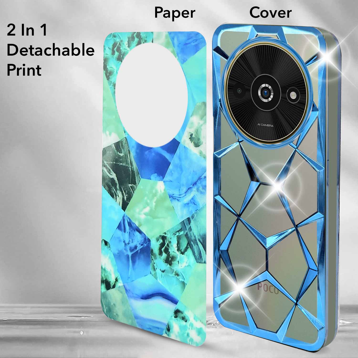 For Xiaomi Poco C61 Back Cover Case ( Dual Design Glitter Sparkle and Detachable Diamond Print Case | Soft and Flexible)