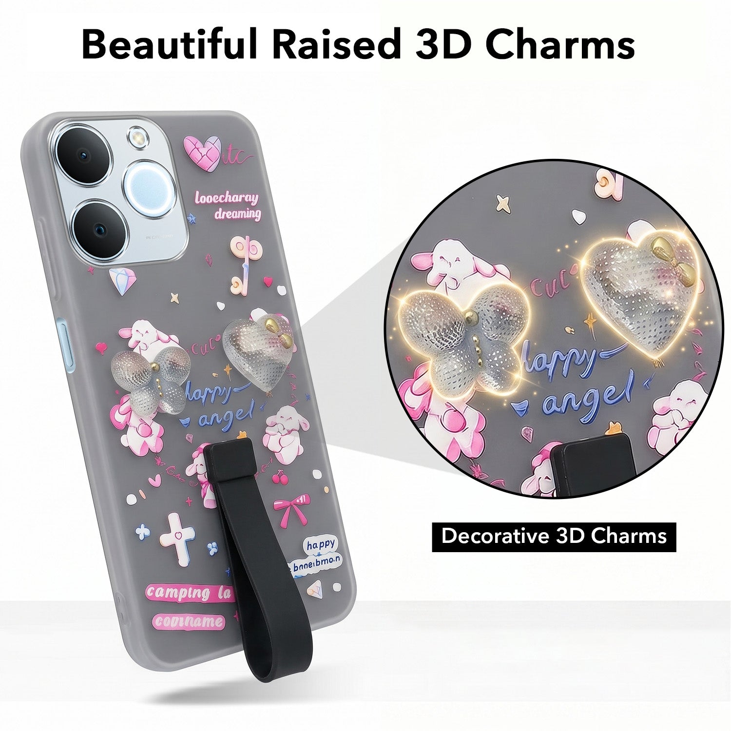 For Realme C71 Back Cover Case (3D Cute Heart Strap Holder | Camera Protection | Designer Girls Print)